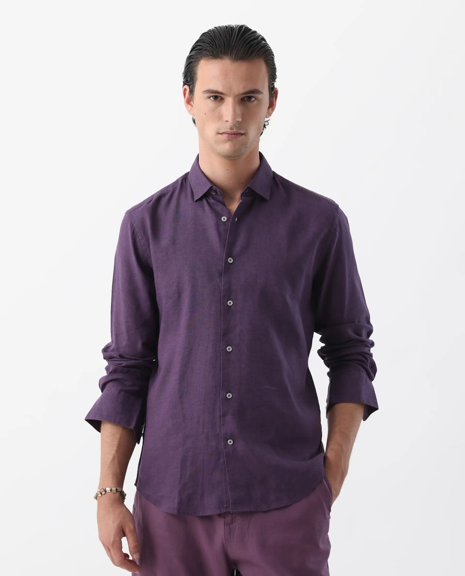 Rare Rabbit Men's Linex-1 Purple 100% Linen Plain Regular Fit Full Sleeve Collared Shirt