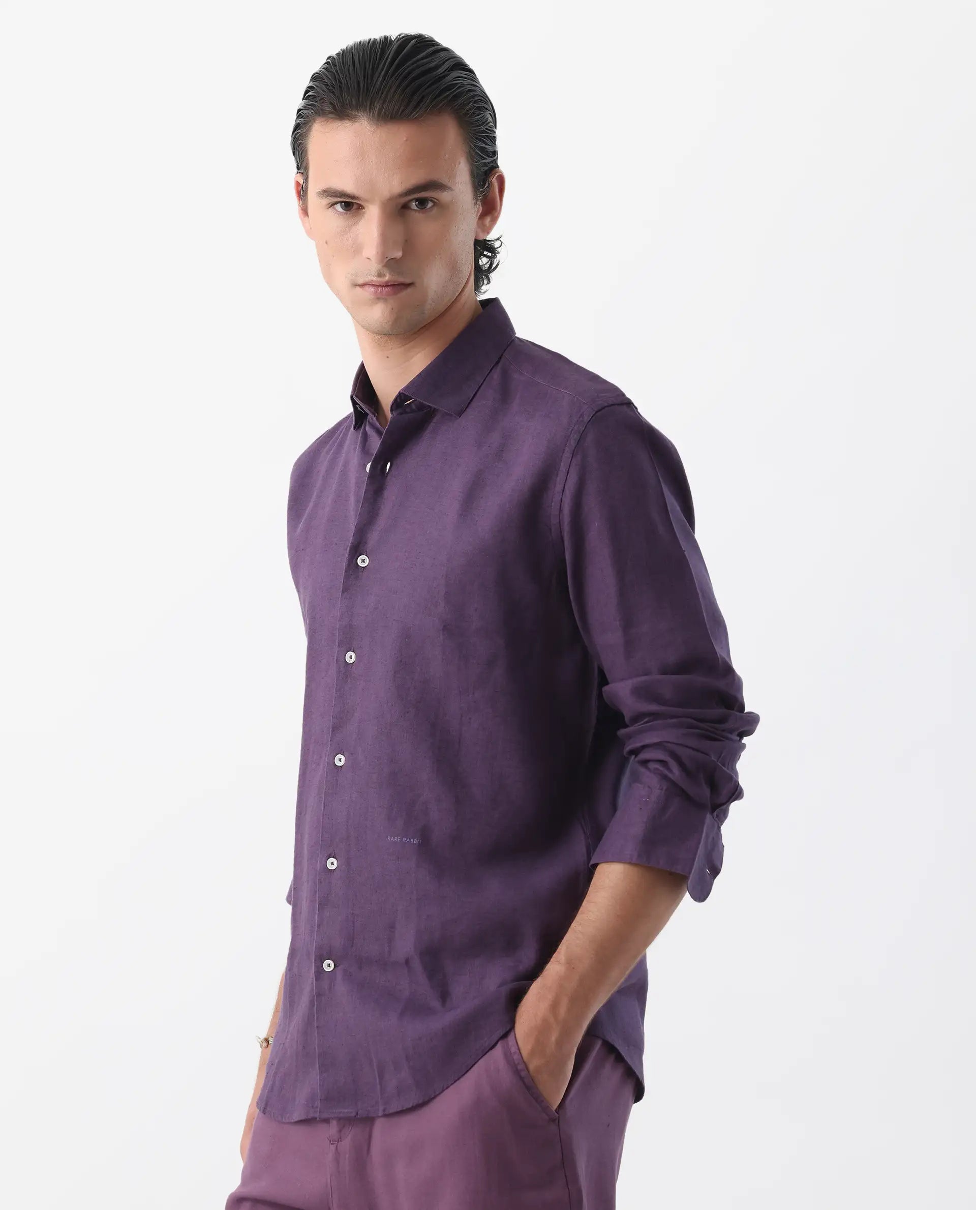 Rare Rabbit Men's Linex-1 Purple 100% Linen Plain Regular Fit Full Sleeve Collared Shirt
