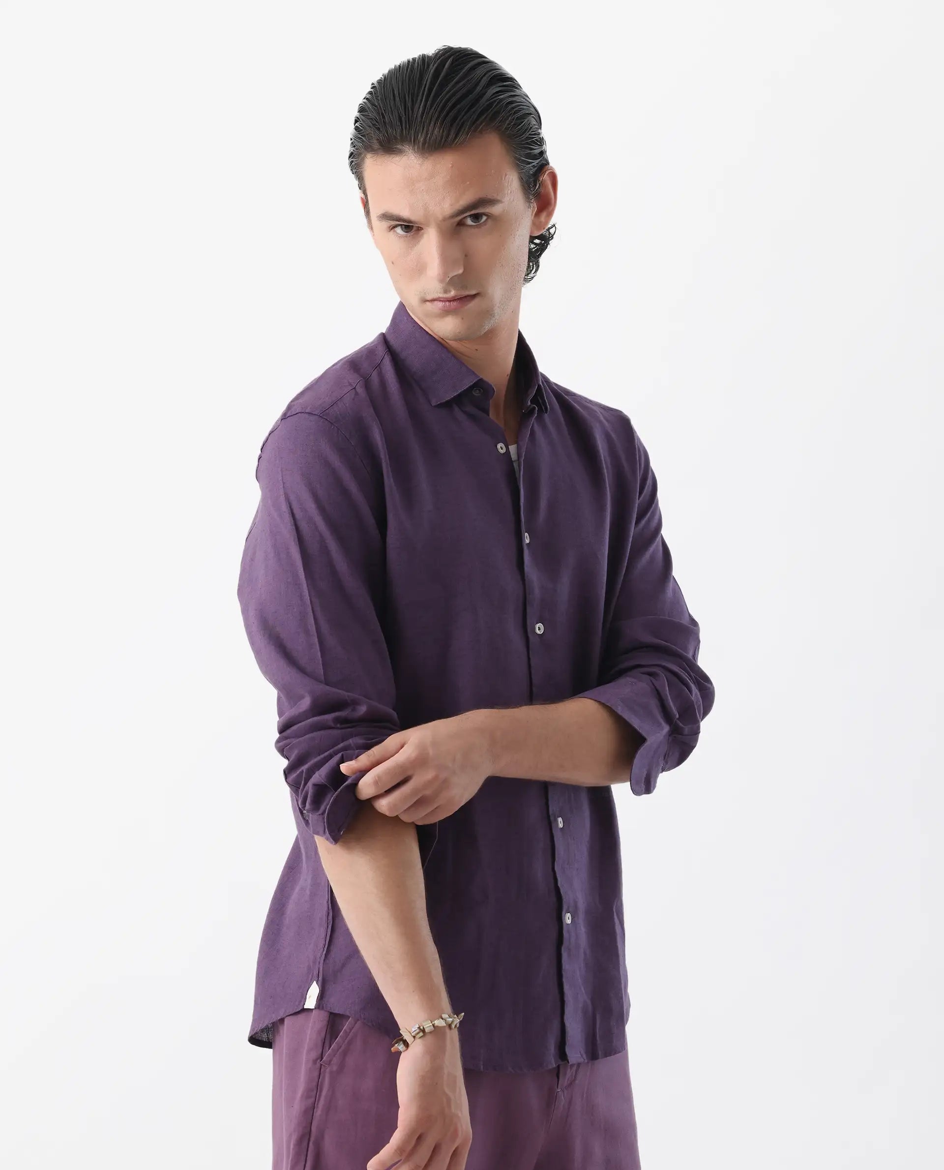 Rare Rabbit Men's Linex-1 Purple 100% Linen Plain Regular Fit Full Sleeve Collared Shirt