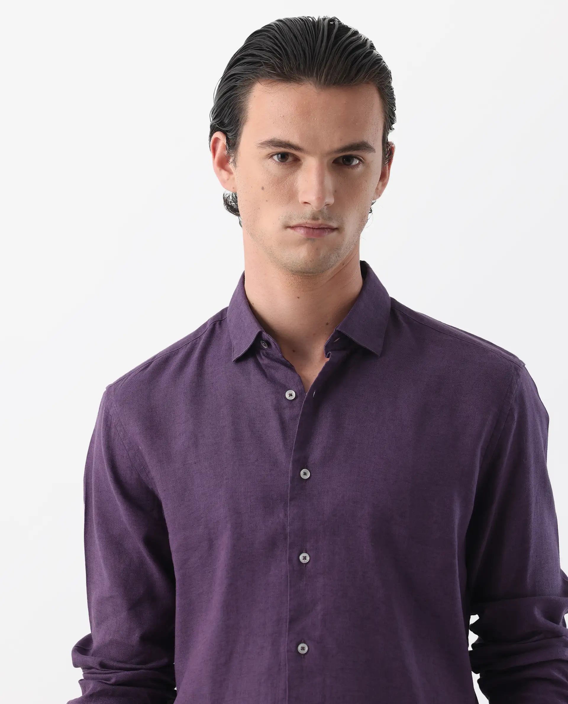 Rare Rabbit Men's Linex-1 Purple 100% Linen Plain Regular Fit Full Sleeve Collared Shirt