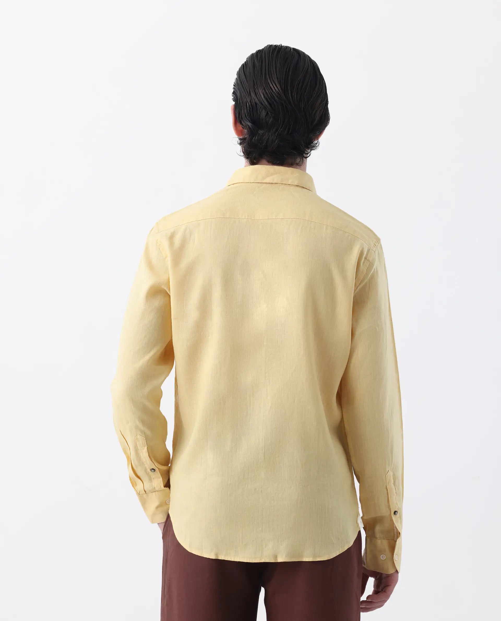 Rare Rabbit Men's Linex-1 Yellow 100% Linen Plain Regular Fit Full Sleeve Collared Shirt