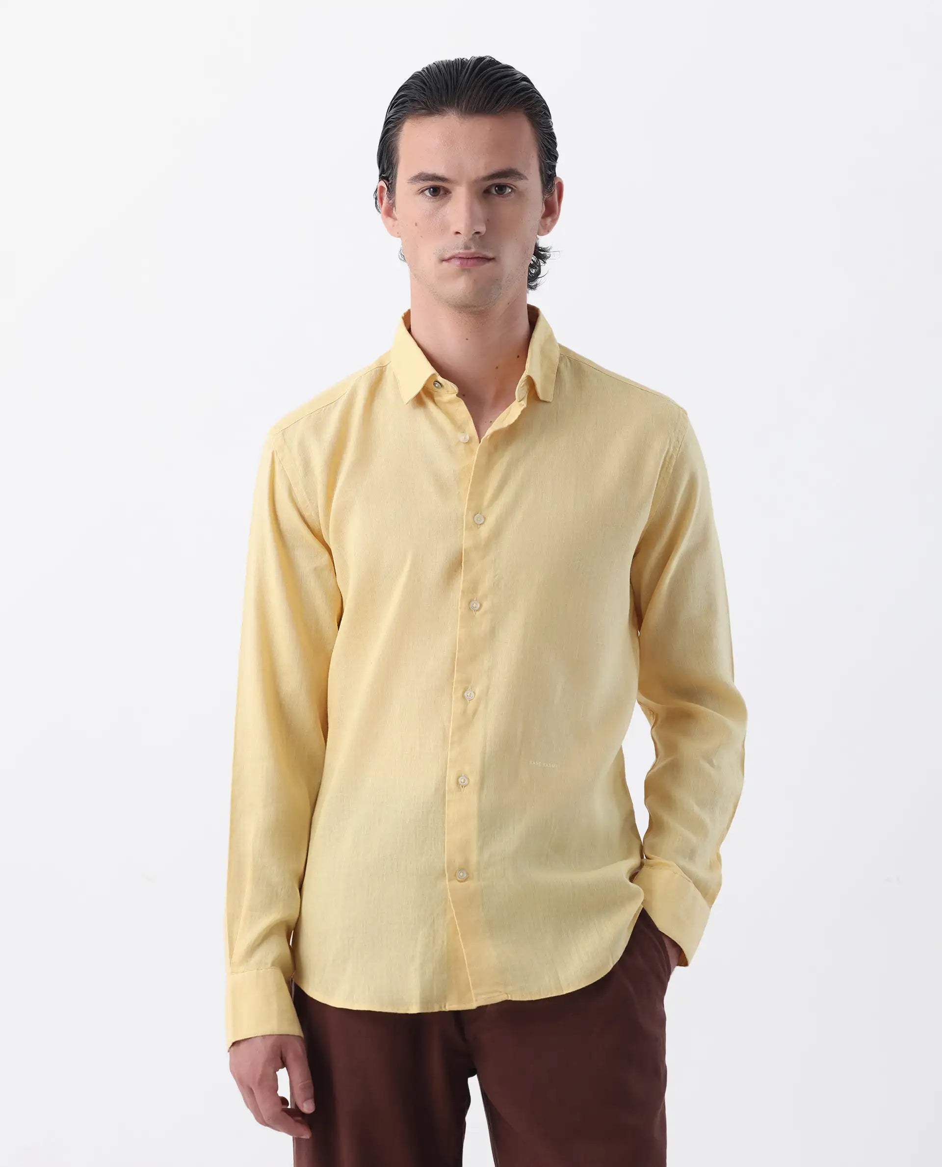 Rare Rabbit Men's Linex-1 Yellow 100% Linen Plain Regular Fit Full Sleeve Collared Shirt