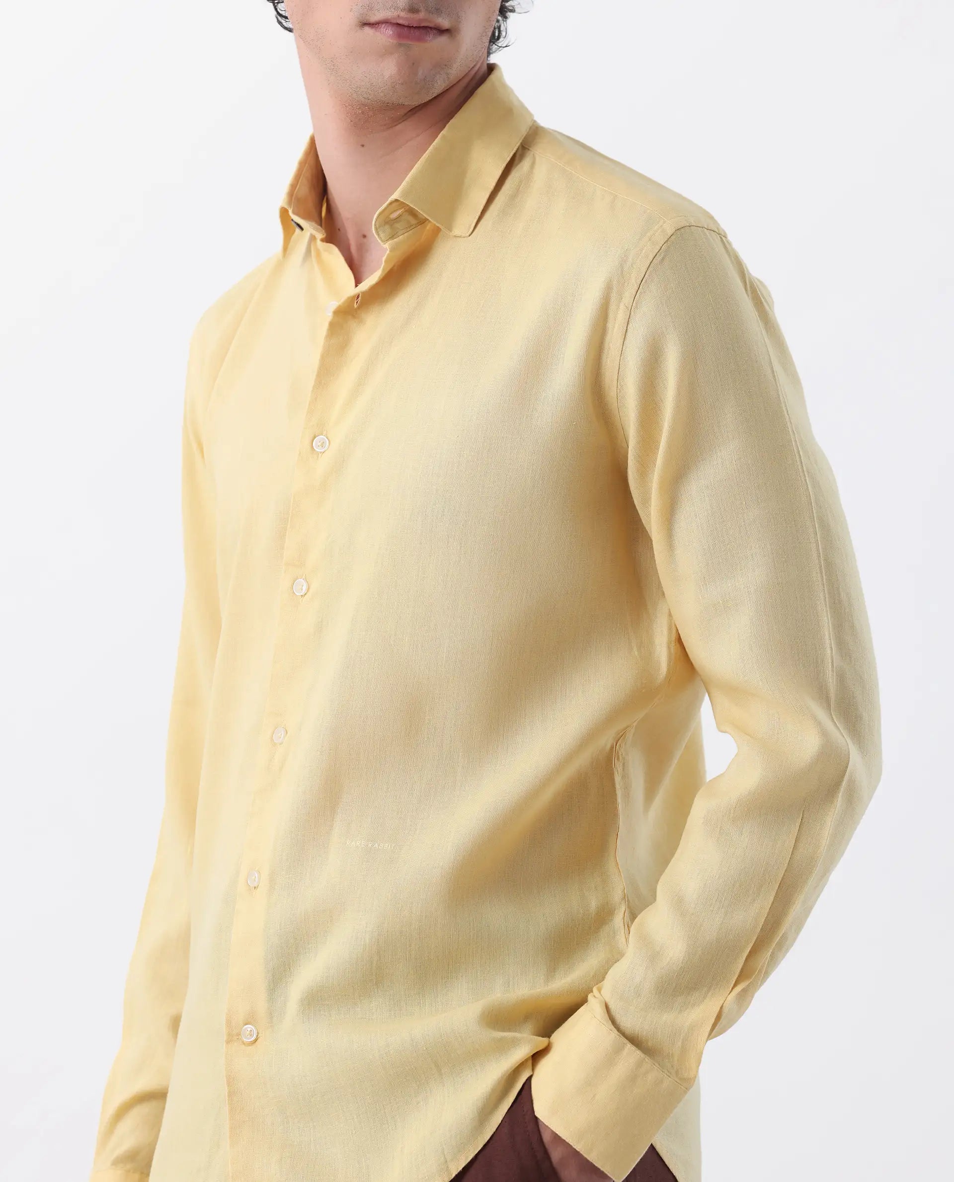 Rare Rabbit Men's Linex-1 Yellow 100% Linen Plain Regular Fit Full Sleeve Collared Shirt