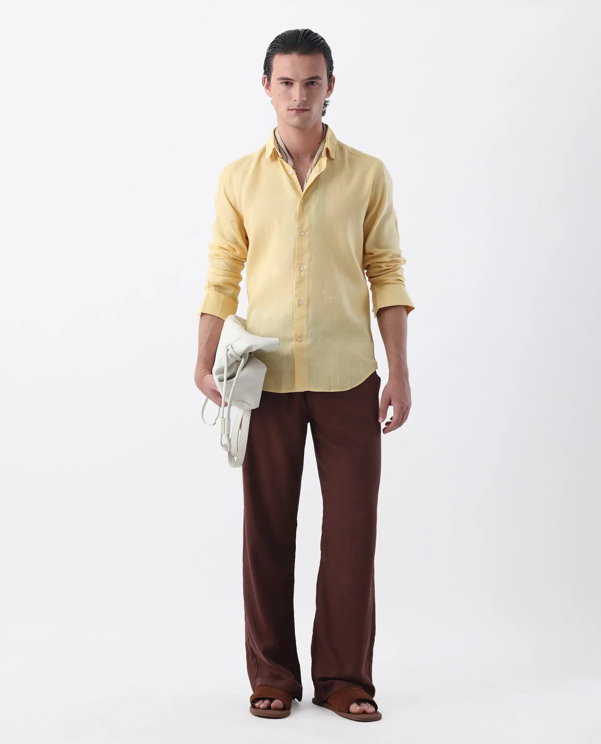 Rare Rabbit Men's Linex-1 Yellow 100% Linen Plain Regular Fit Full Sleeve Collared Shirt