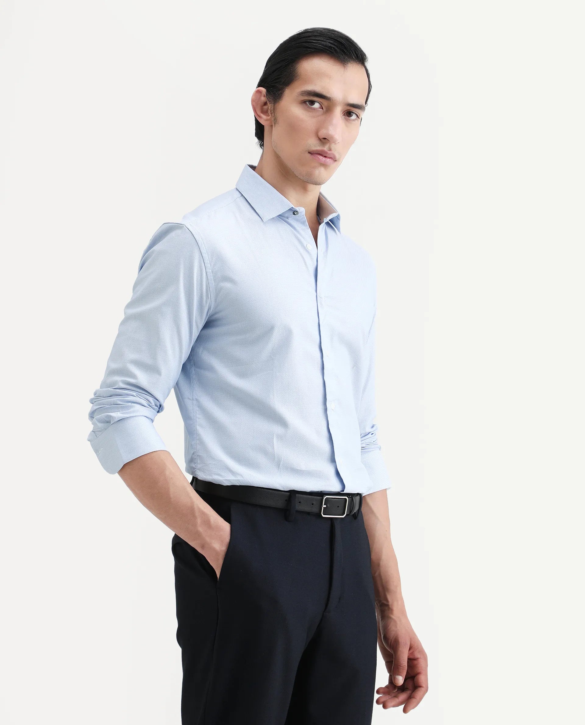 Rare Rabbit Men's Rigor Pastel Blue Cotton Textured Regular Fit Full Sleeve Collared Shirt