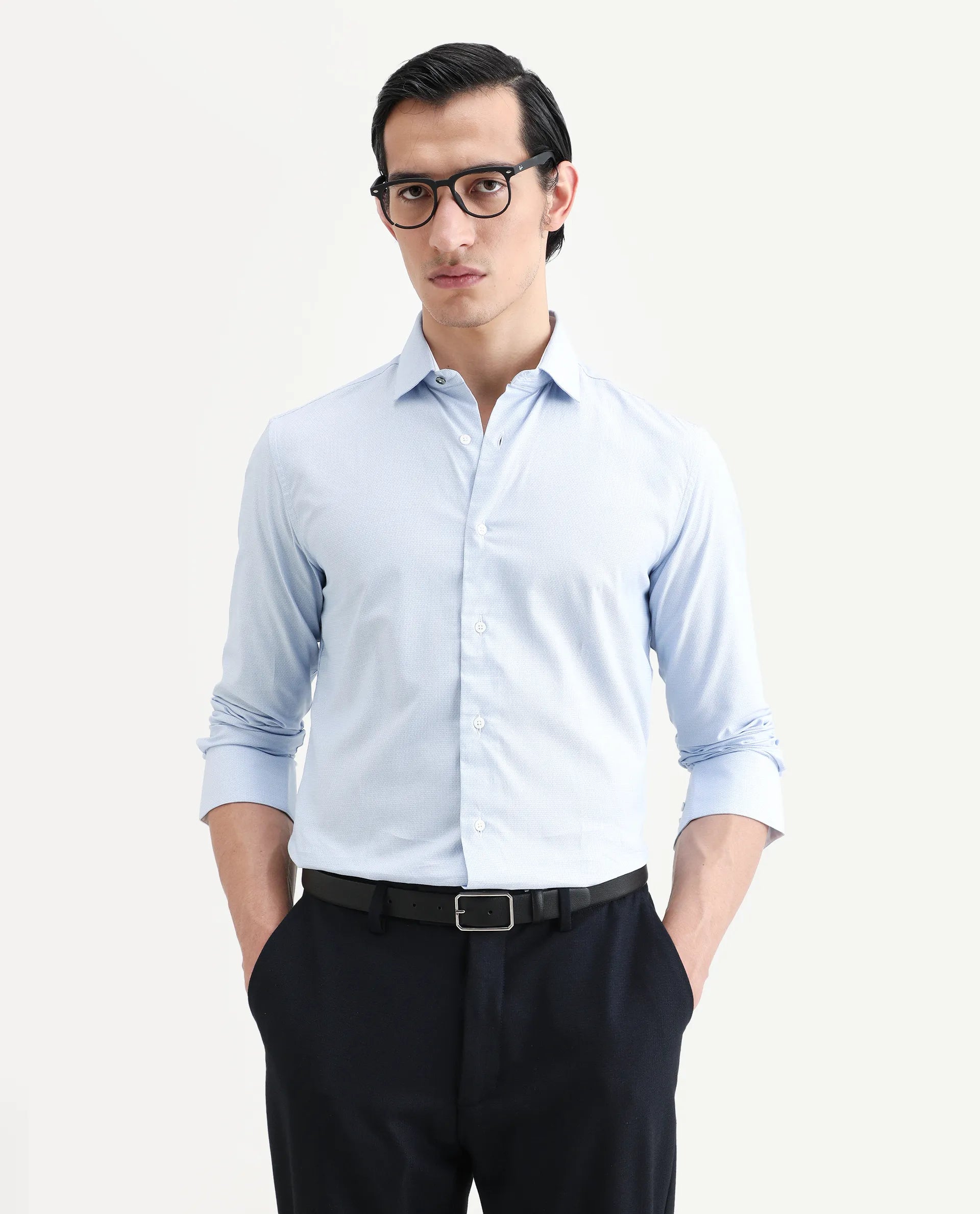 Rare Rabbit Men's Rigor Pastel Blue Cotton Textured Regular Fit Full Sleeve Collared Shirt
