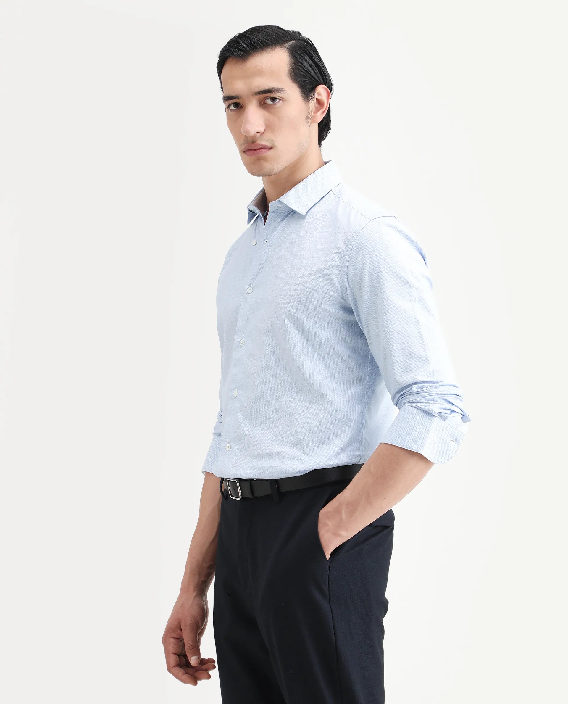 Rare Rabbit Men's Rigor Pastel Blue Cotton Textured Regular Fit Full Sleeve Collared Shirt