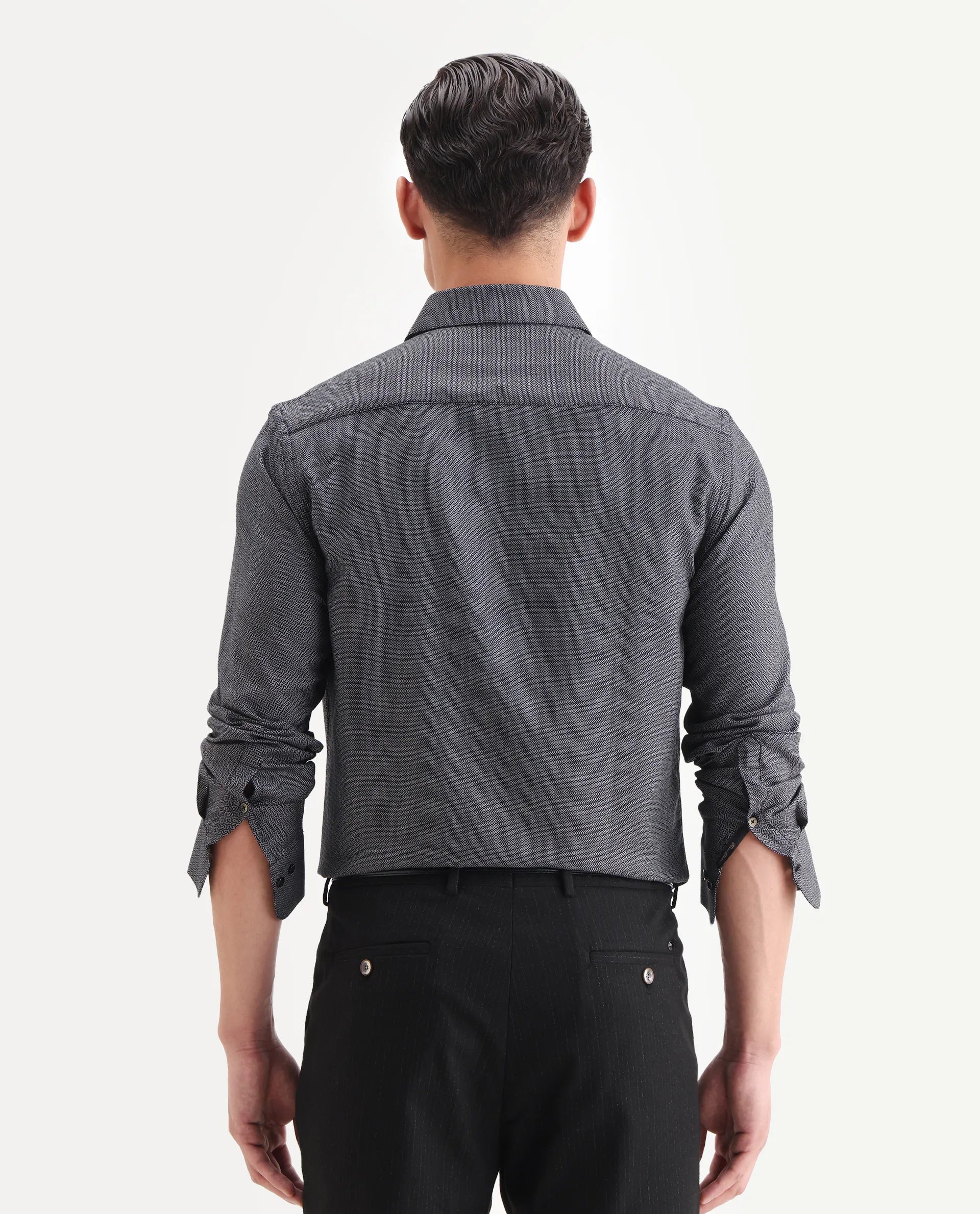 Rare Rabbit Men's Veslo Black Cotton Jacquard Regular Fit Full Sleeve Collared Shirt