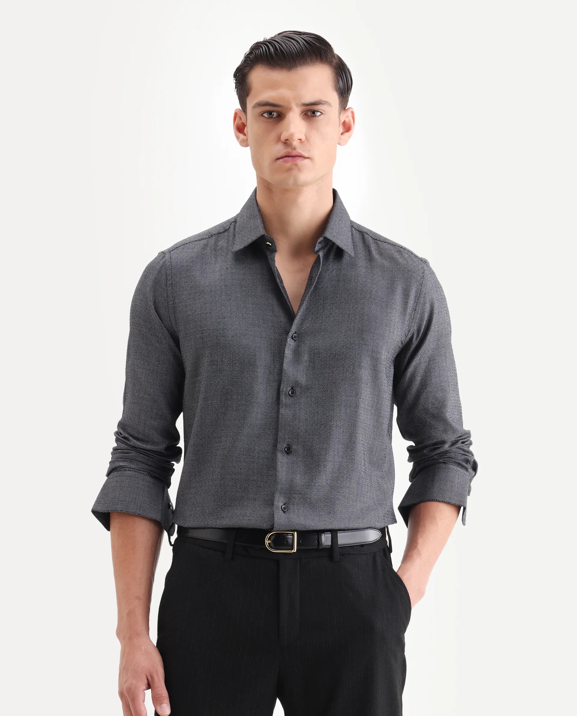 Rare Rabbit Men's Veslo Black Cotton Jacquard Regular Fit Full Sleeve Collared Shirt