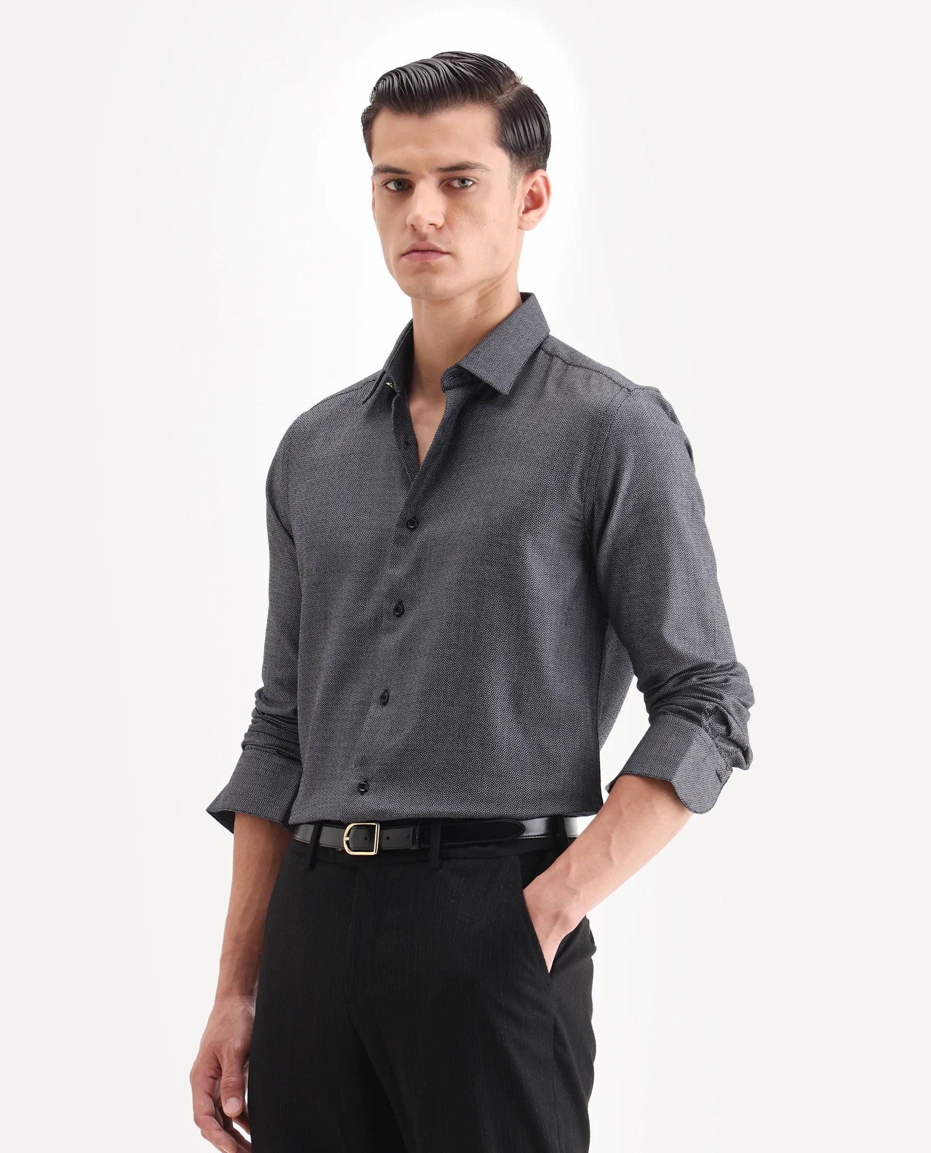 Rare Rabbit Men's Veslo Black Cotton Jacquard Regular Fit Full Sleeve Collared Shirt