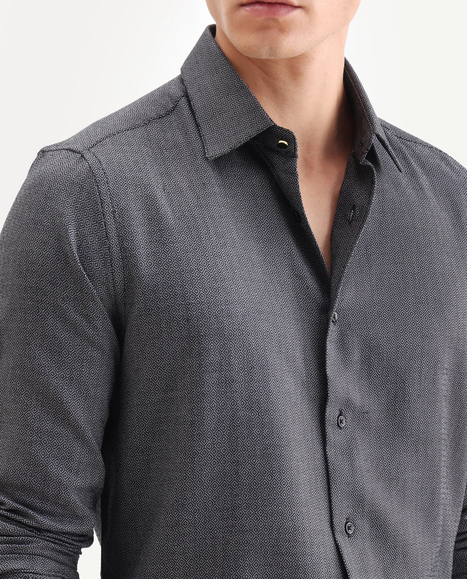 Rare Rabbit Men's Veslo Black Cotton Jacquard Regular Fit Full Sleeve Collared Shirt