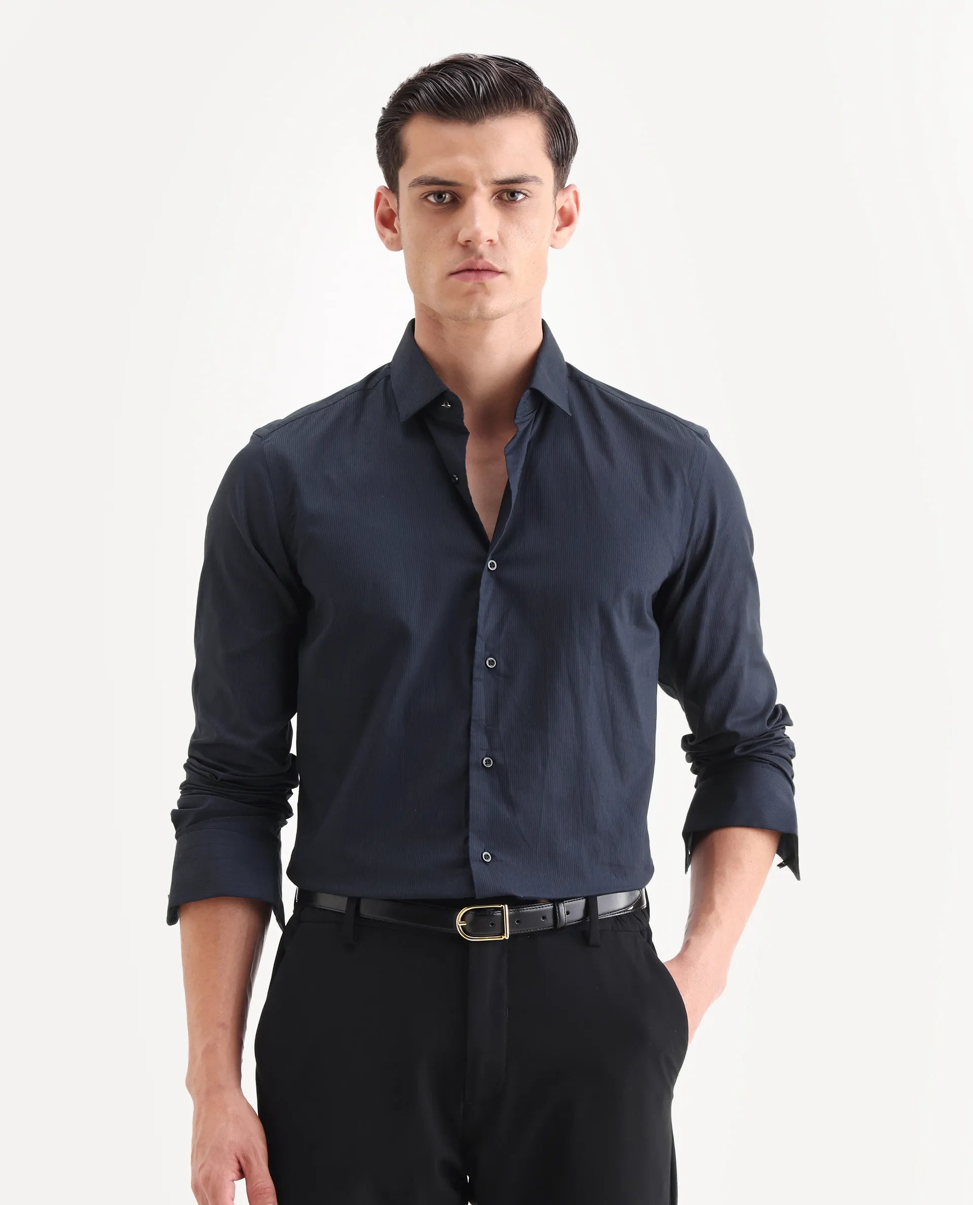 Rare Rabbit Men's Bovec Navy Cotton Textured Regular Fit Full Sleeve Collared Shirt