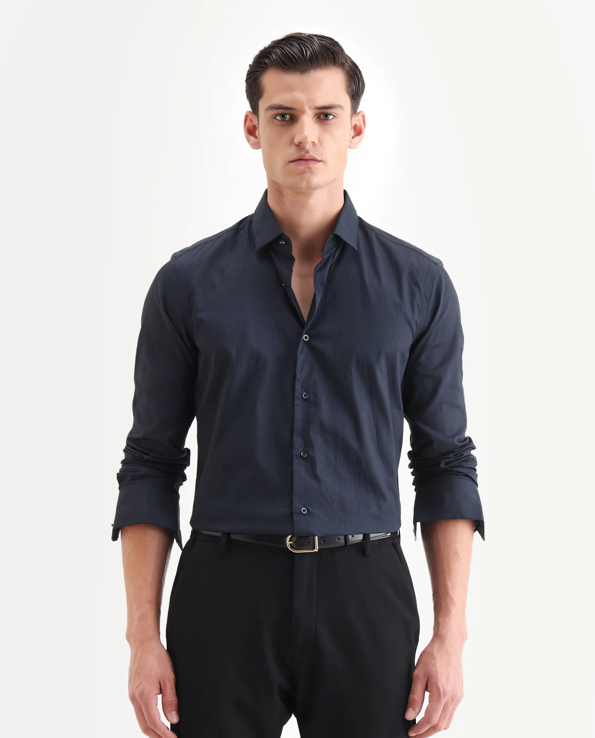 Rare Rabbit Men's Bovec Navy Cotton Textured Regular Fit Full Sleeve Collared Shirt