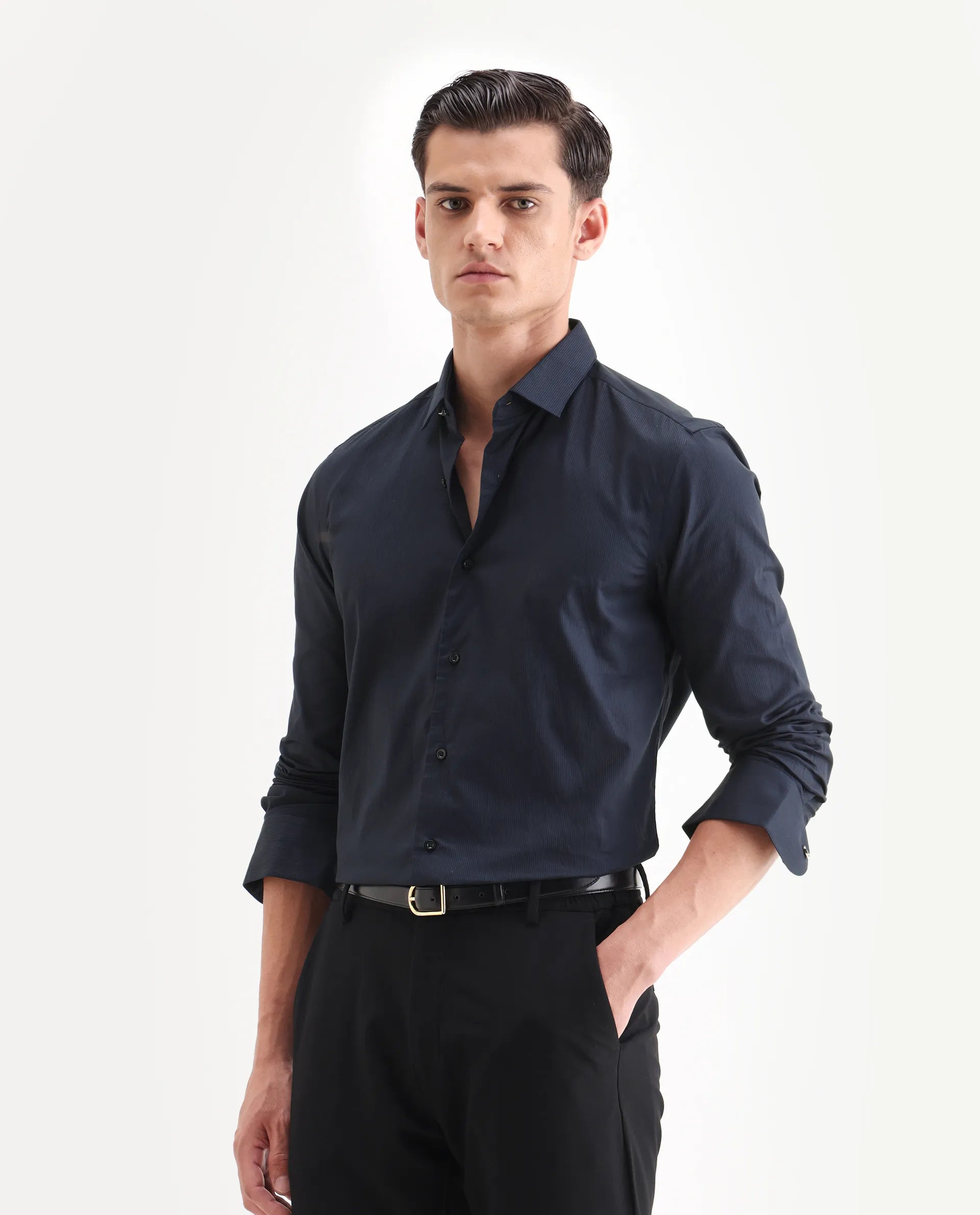 Rare Rabbit Men's Bovec Navy Cotton Textured Regular Fit Full Sleeve Collared Shirt