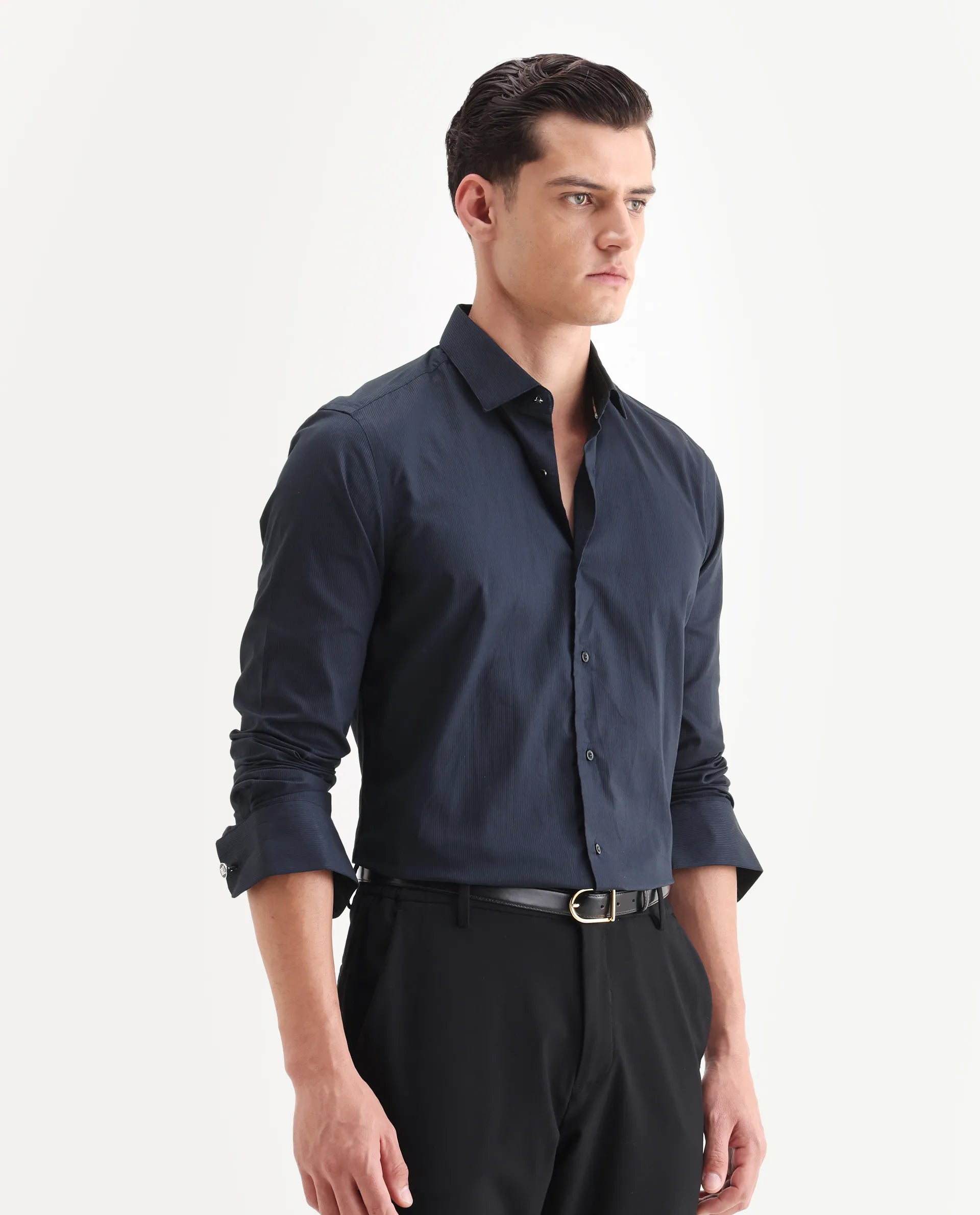 Rare Rabbit Men's Bovec Navy Cotton Textured Regular Fit Full Sleeve Collared Shirt