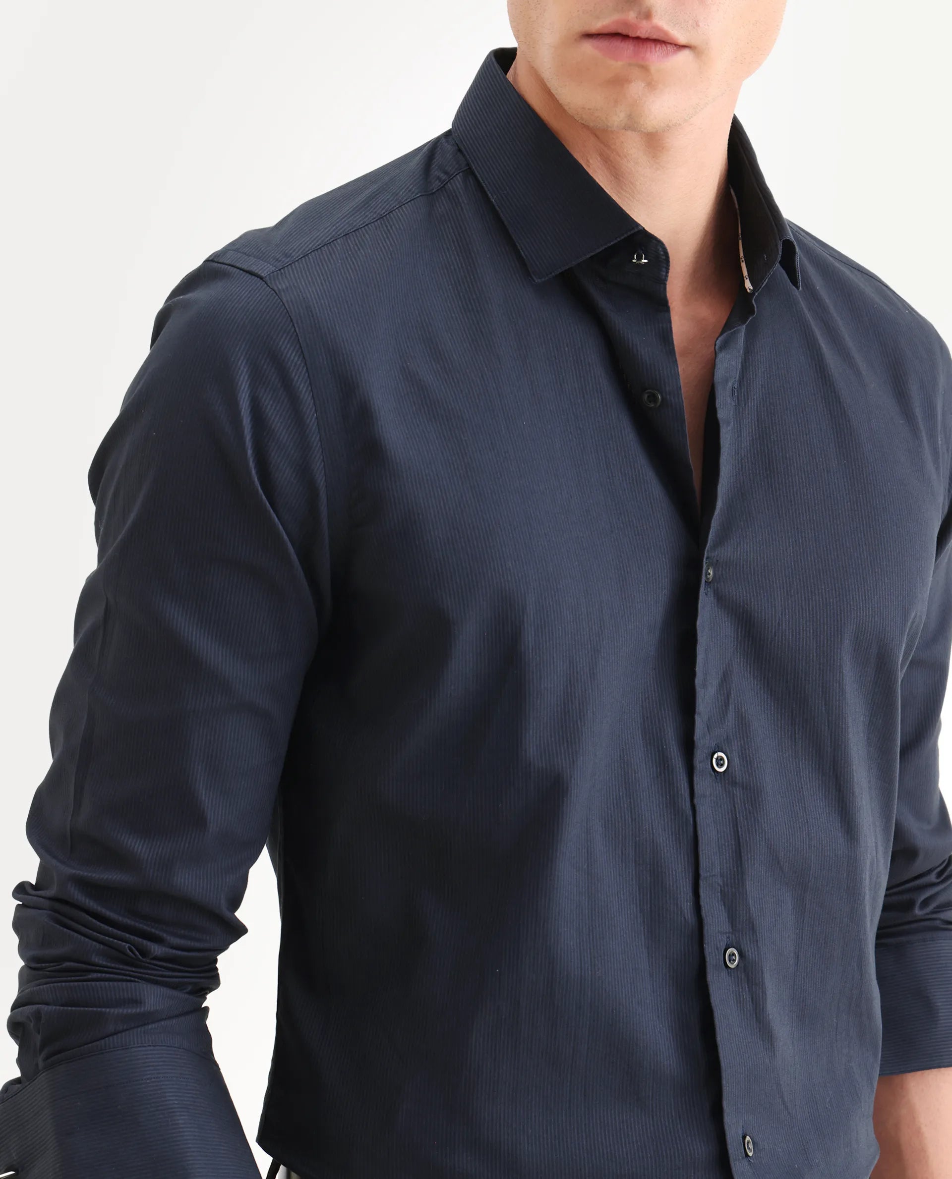 Rare Rabbit Men's Bovec Navy Cotton Textured Regular Fit Full Sleeve Collared Shirt