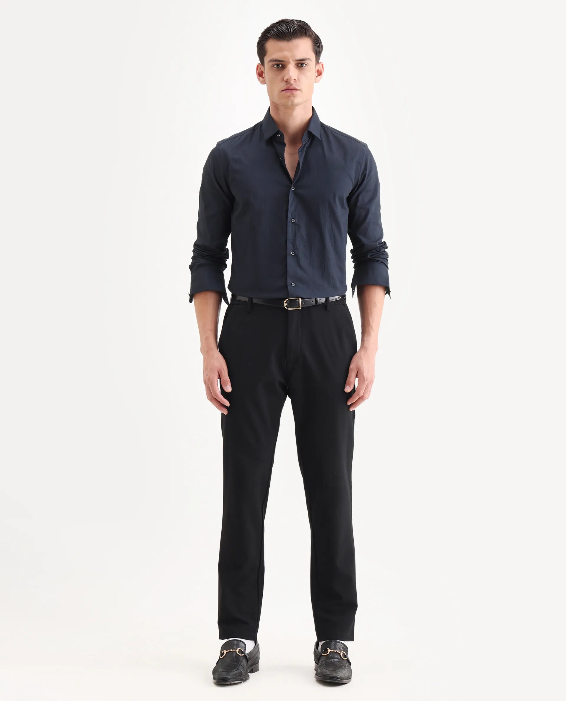 Rare Rabbit Men's Bovec Navy Cotton Textured Regular Fit Full Sleeve Collared Shirt