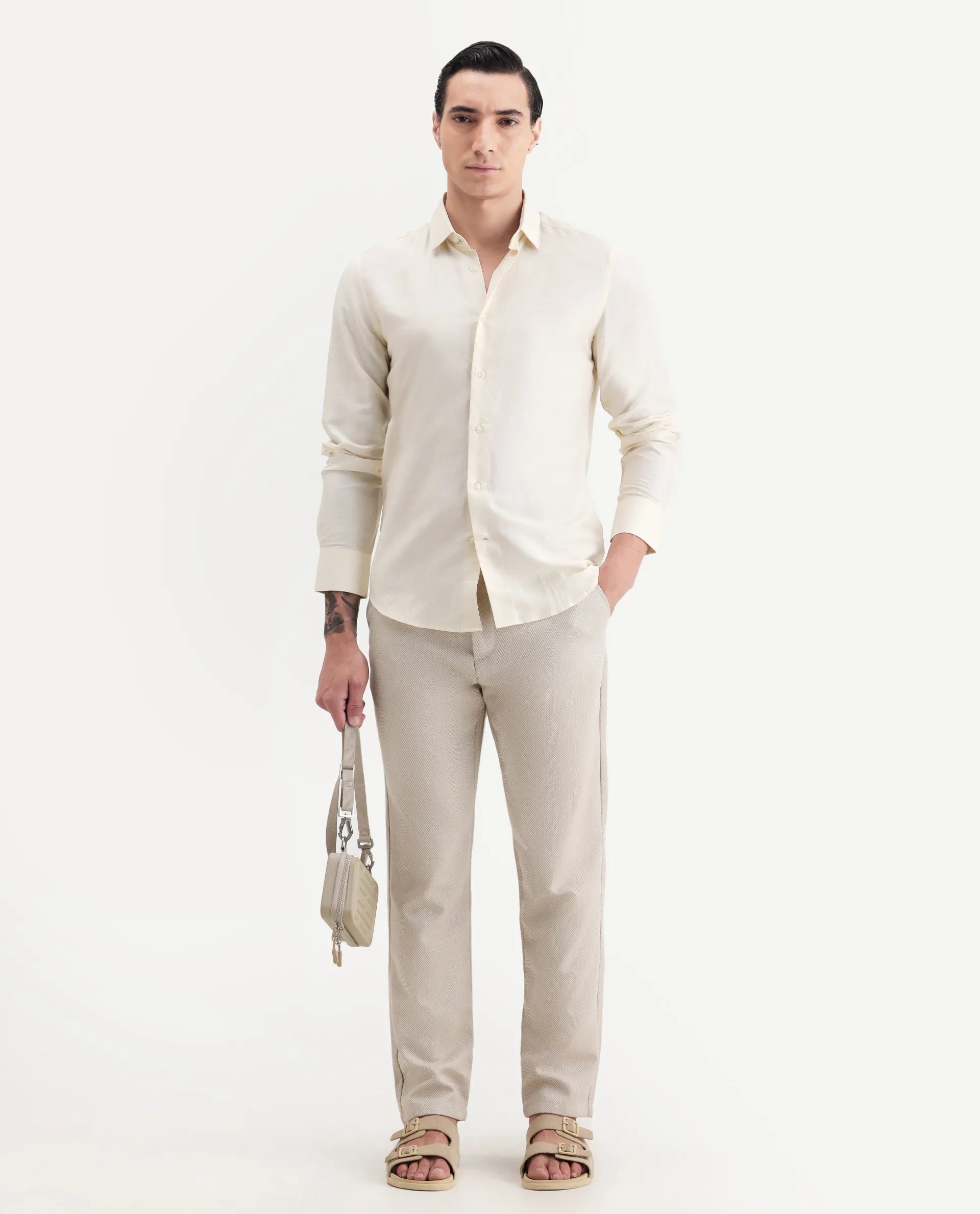 Rare Rabbit Men's Silken Pastel Yellow Linen Blend Plain Regular Fit Full Sleeve Collared Shirt