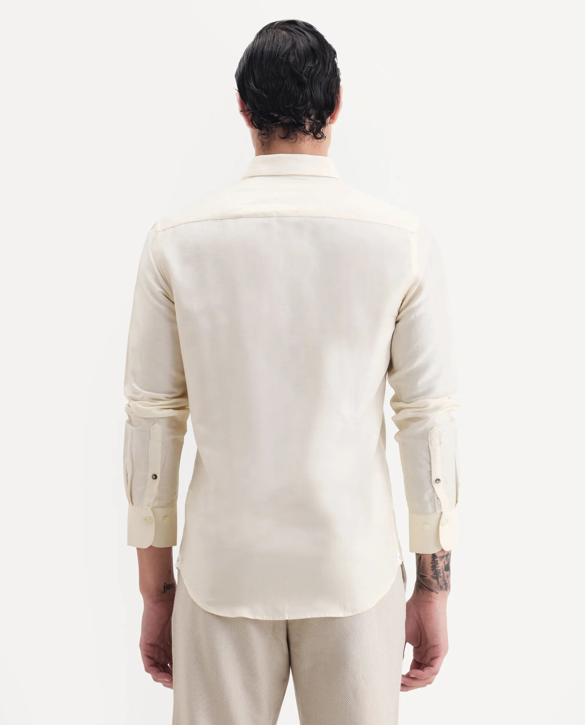 Rare Rabbit Men's Silken Pastel Yellow Linen Blend Plain Regular Fit Full Sleeve Collared Shirt