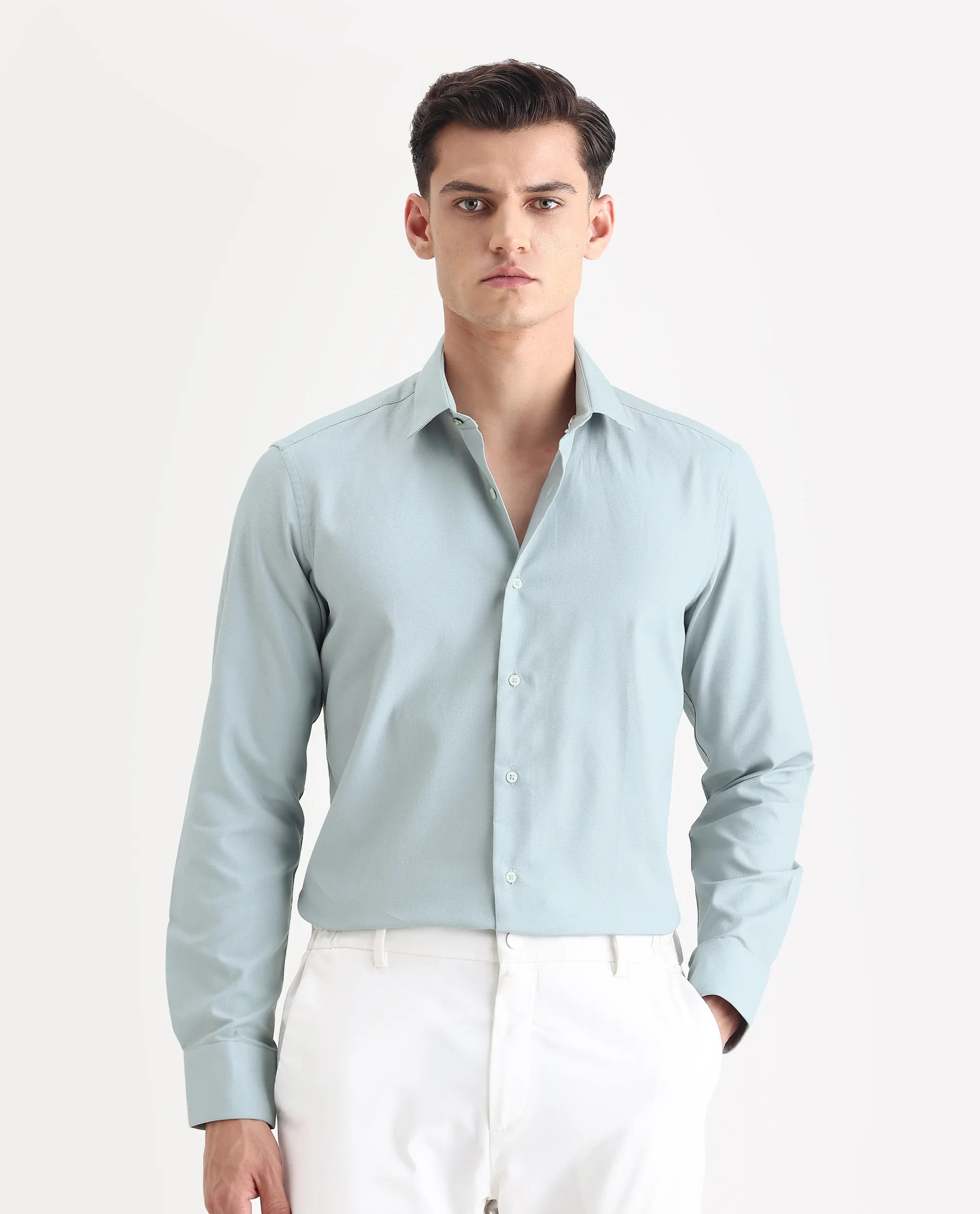 Rare Rabbit Men's Lasko Dusky Blue Cotton Plain Regular Fit Full Sleeve Collared Shirt