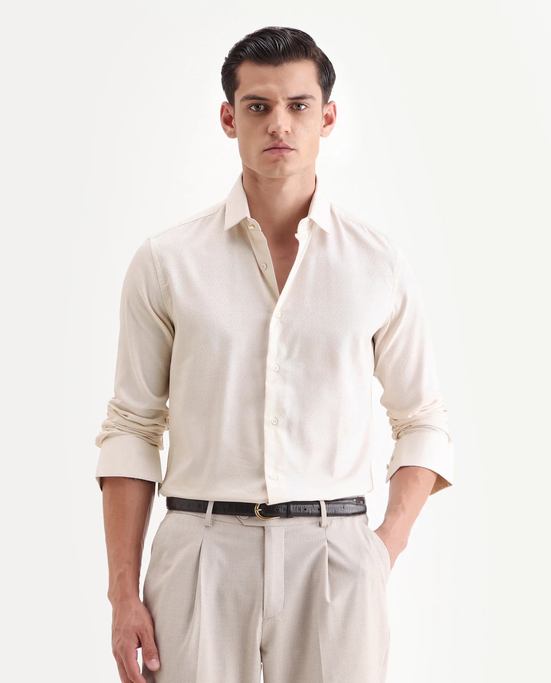 Rare Rabbit Men's Veloc Off White Cotton Plain Regular Fit Full Sleeve Collared Shirt