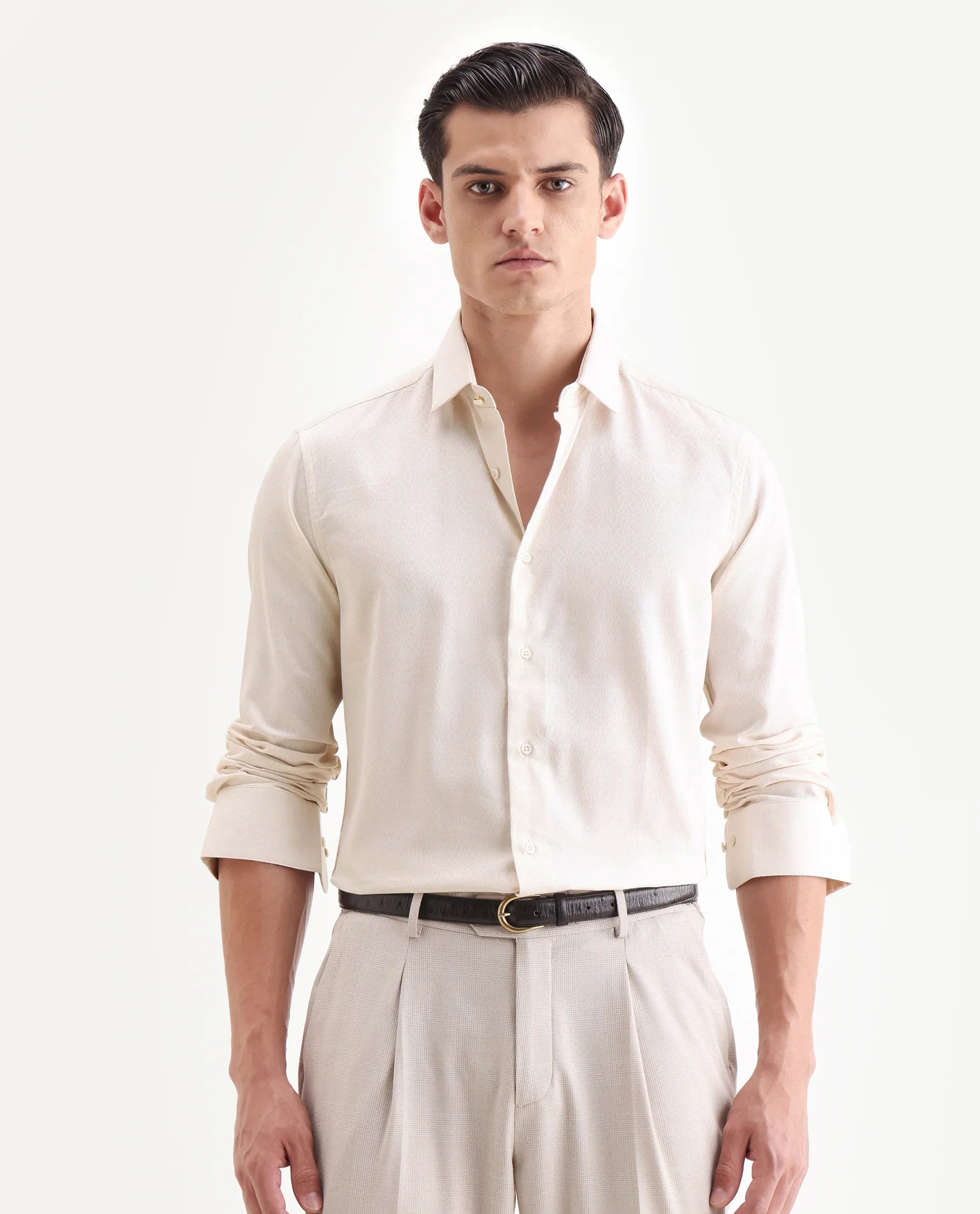 Rare Rabbit Men's Veloc Off White Cotton Plain Regular Fit Full Sleeve Collared Shirt