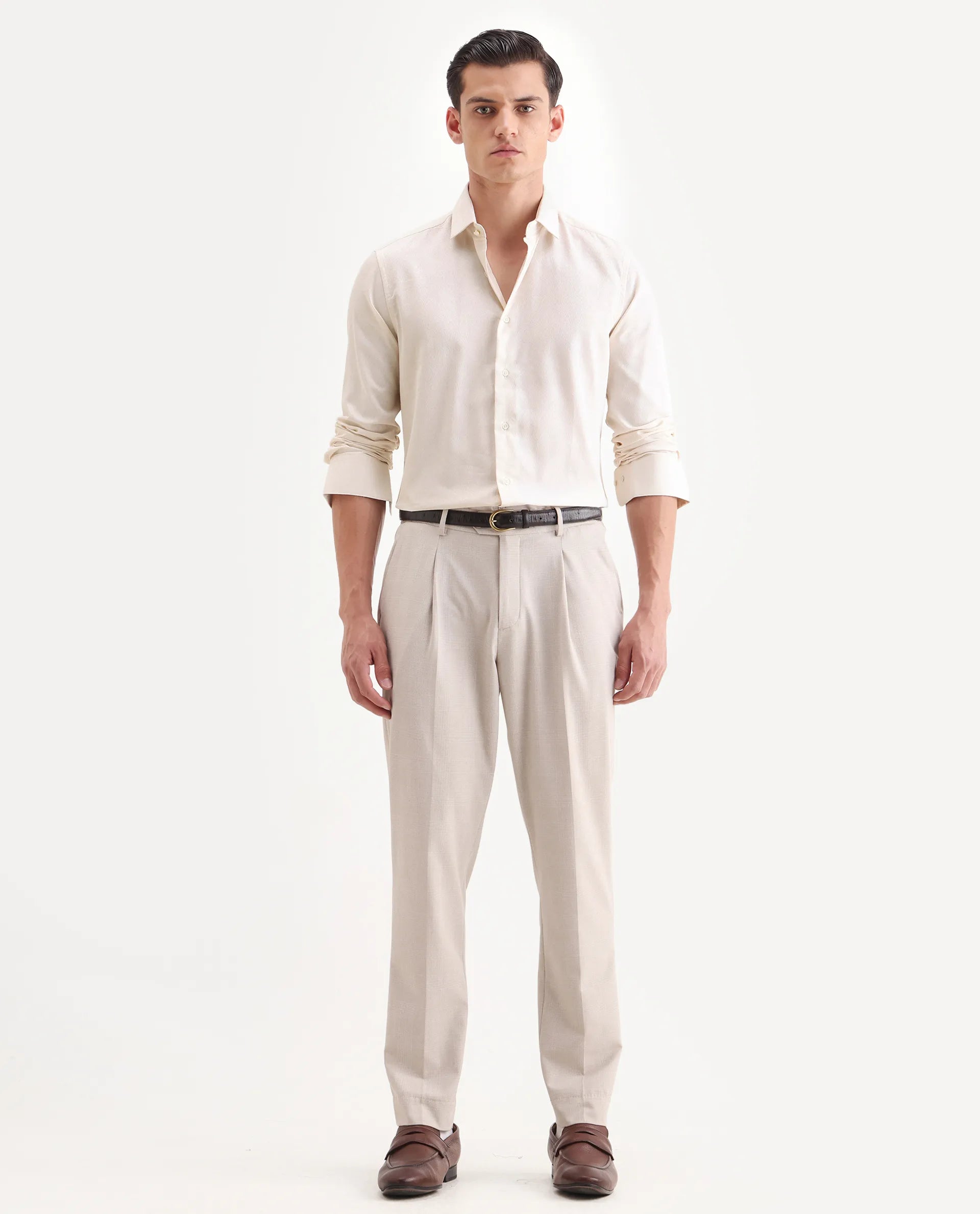 Rare Rabbit Men's Veloc Off White Cotton Plain Regular Fit Full Sleeve Collared Shirt