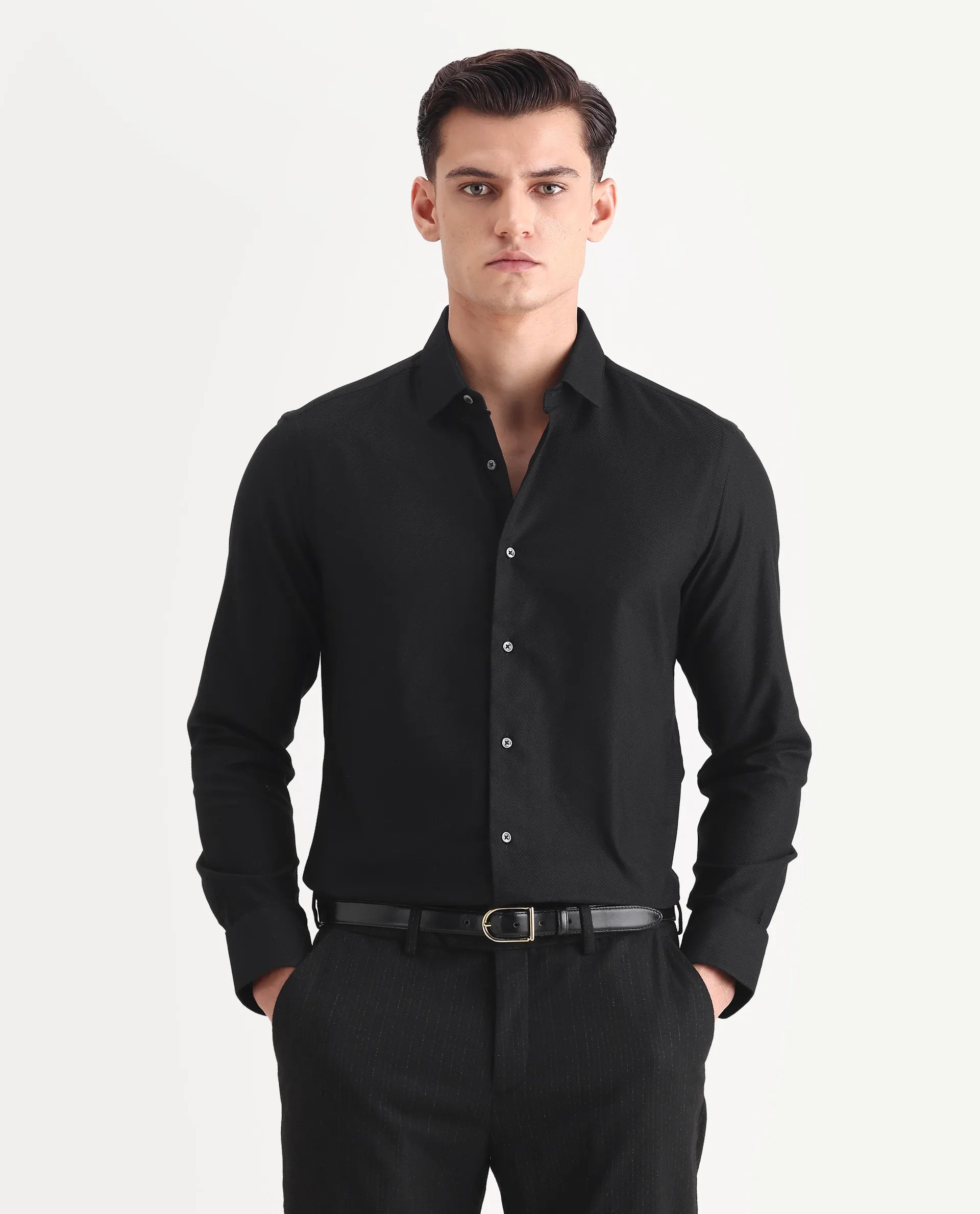 Rare Rabbit Men's Guild Business Astron Black Cotton Textured Regular Fit Full Sleeve Collared Shirt