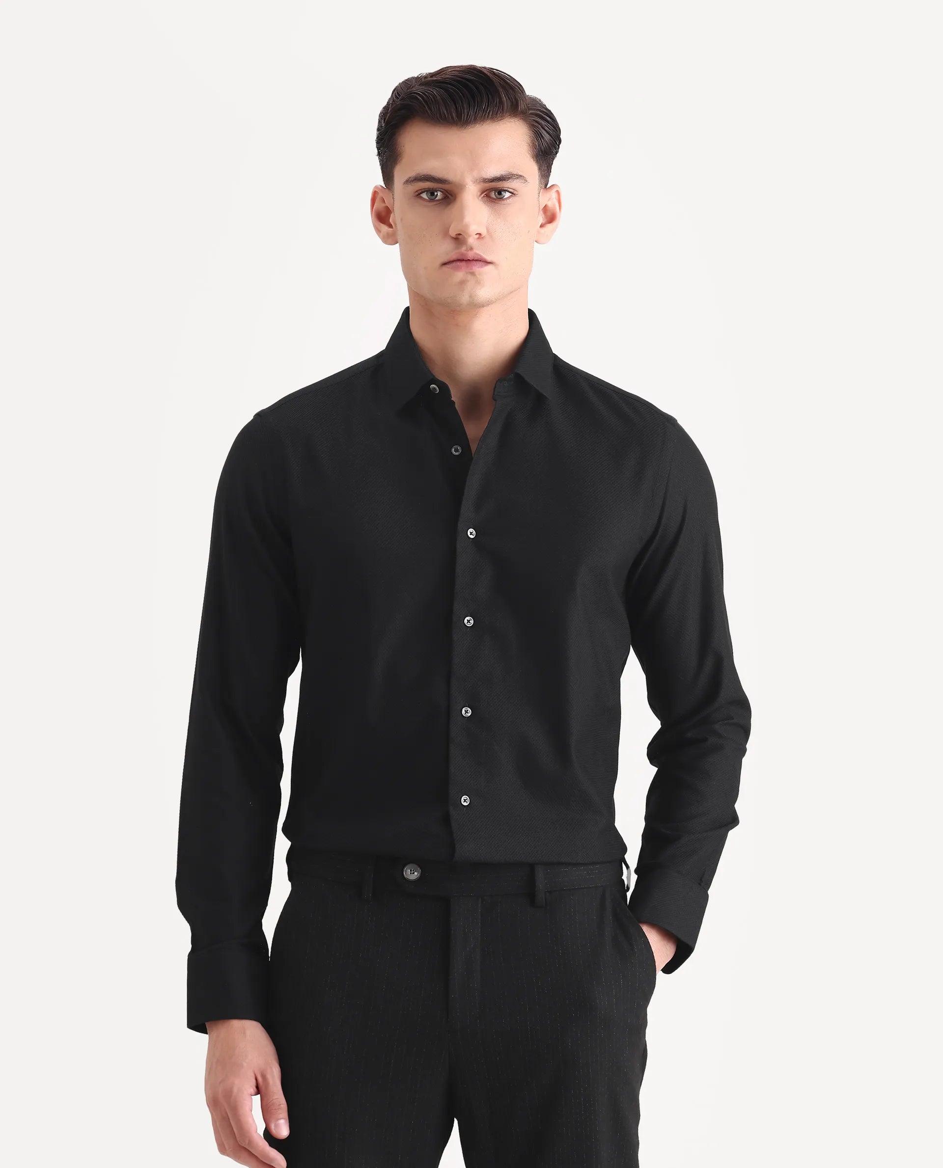 Rare Rabbit Men's Guild Business Astron Black Cotton Textured Regular Fit Full Sleeve Collared Shirt