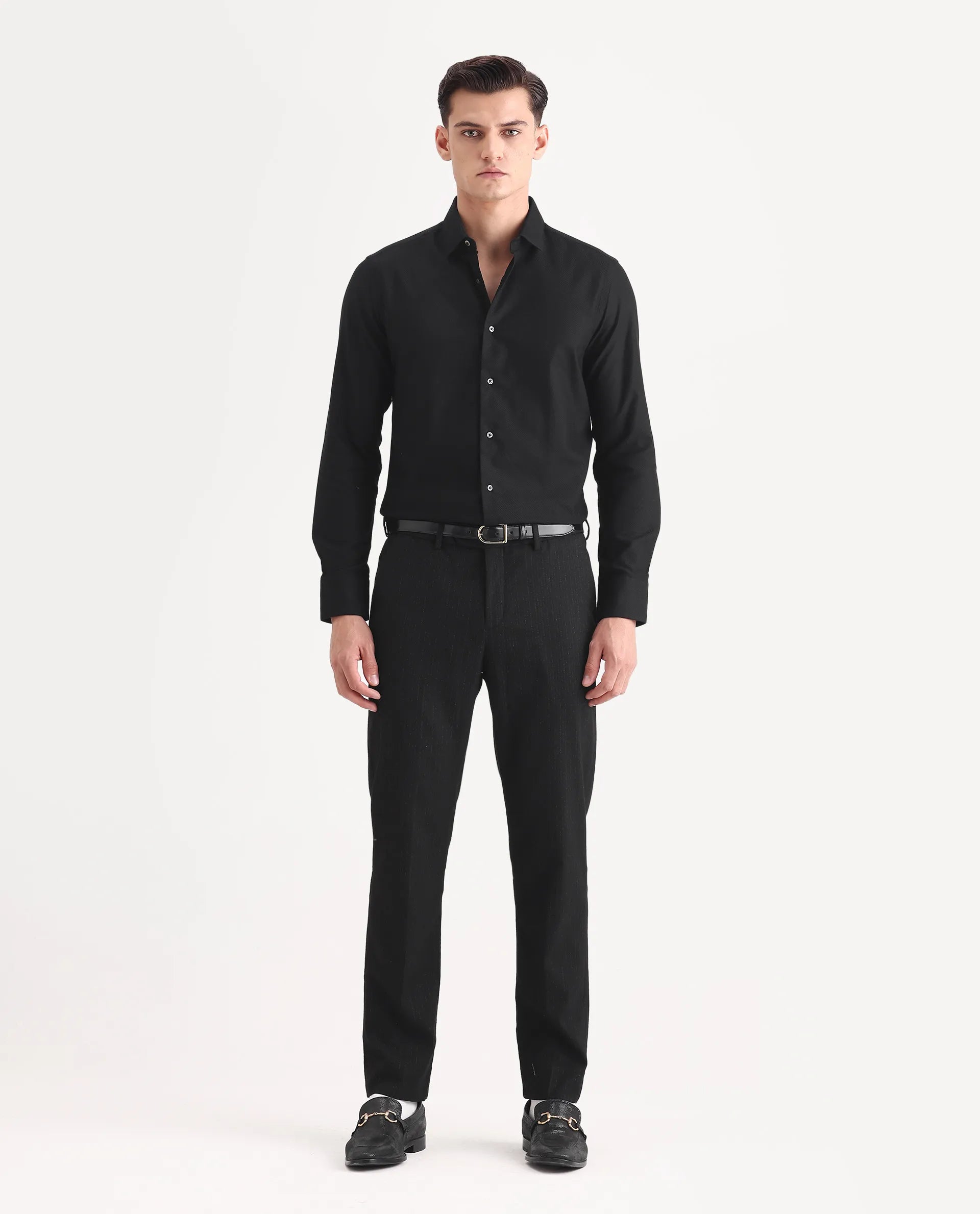 Rare Rabbit Men's Guild Business Astron Black Cotton Textured Regular Fit Full Sleeve Collared Shirt