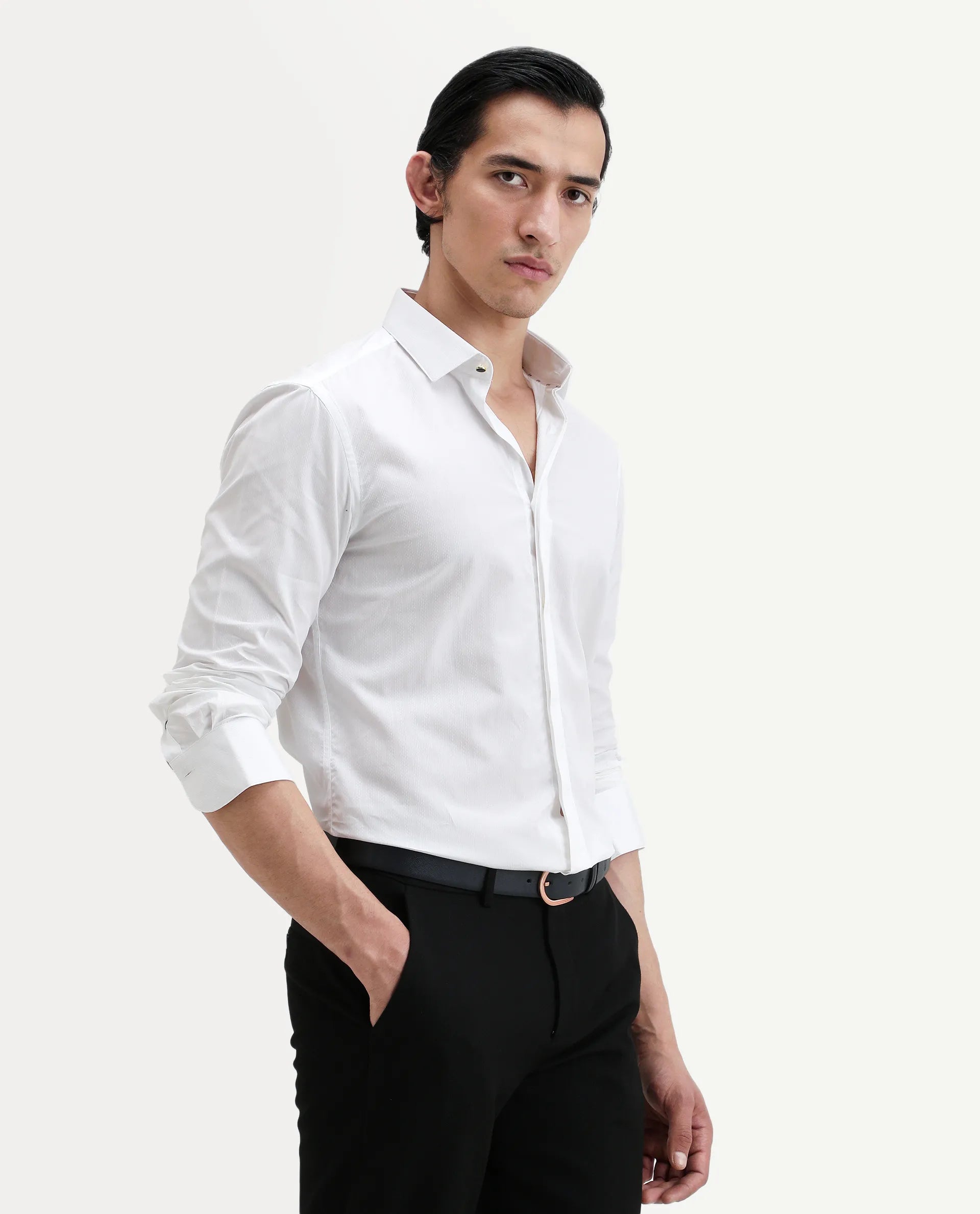 Rare Rabbit Men's Erlane White Cotton Plain Regular Fit Full Sleeve Collared Shirt