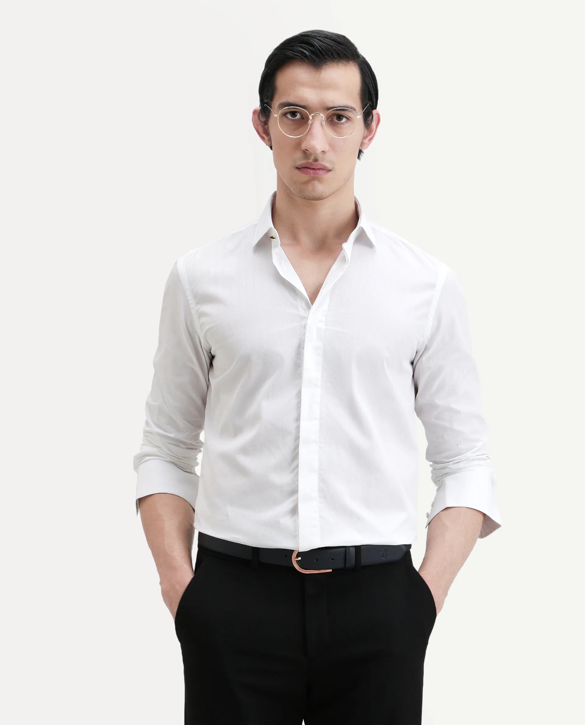 Rare Rabbit Men's Erlane White Cotton Plain Regular Fit Full Sleeve Collared Shirt