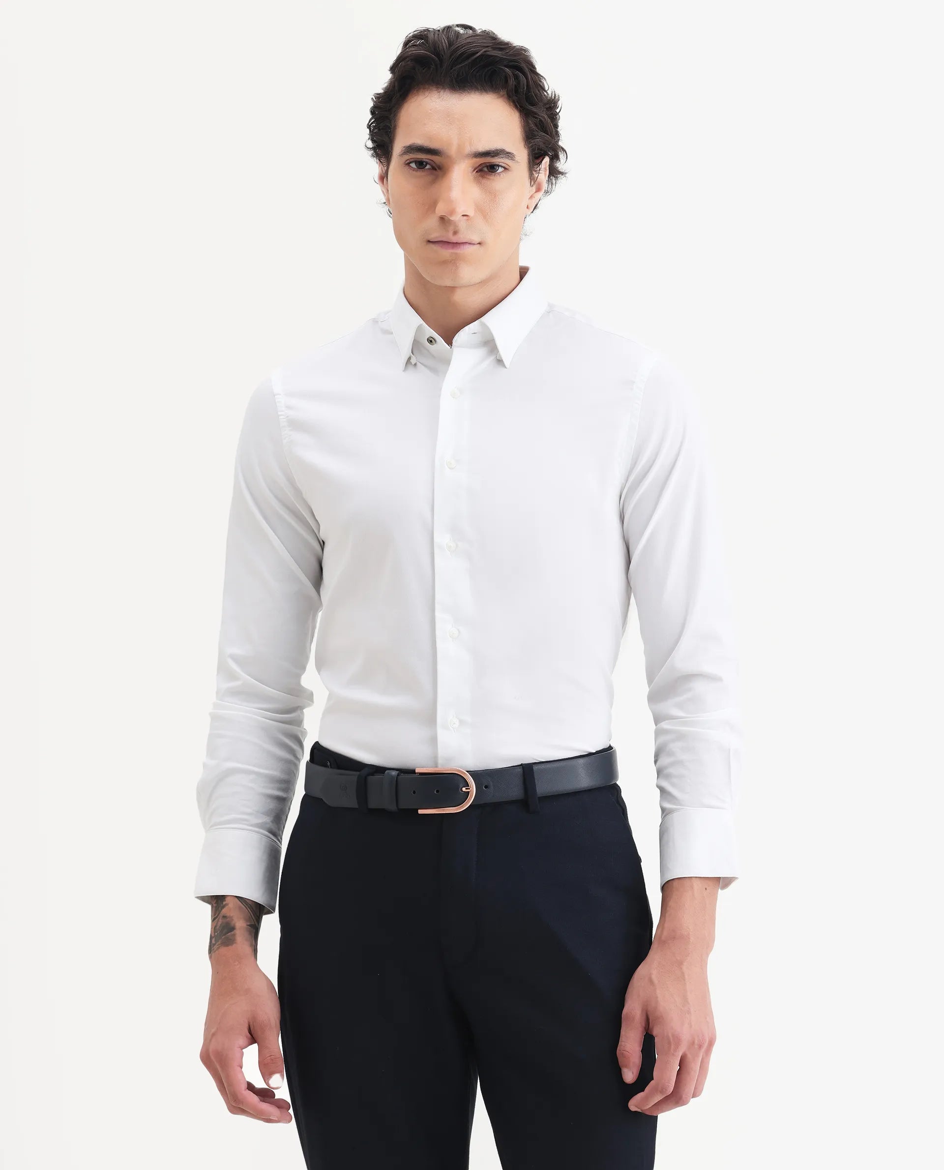 Rare Rabbit Men's Messa White Cotton Plain Regular Fit Full Sleeve Collared Shirt