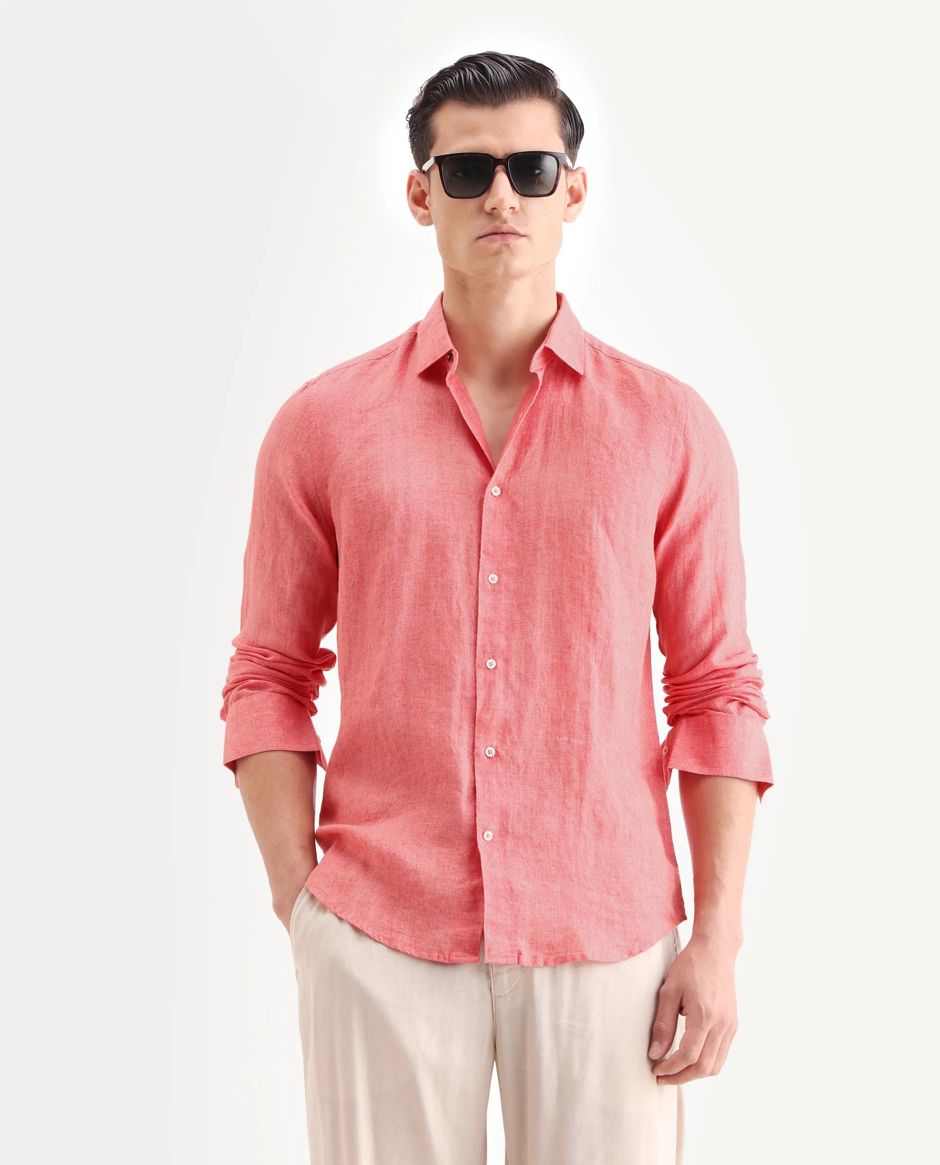 Rare Rabbit Men's Borium-2 Flouroscent Pink 100% Linen Plain Regular Fit Full Sleeve Collared Shirt