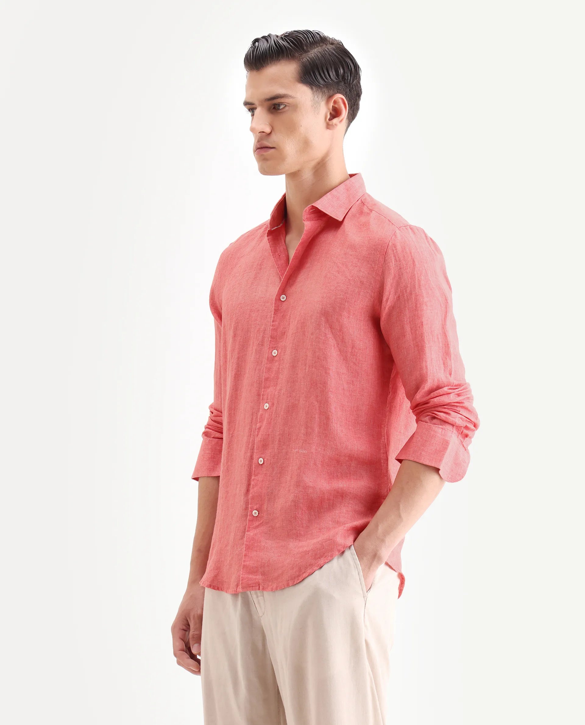 Rare Rabbit Men's Borium-2 Flouroscent Pink 100% Linen Plain Regular Fit Full Sleeve Collared Shirt