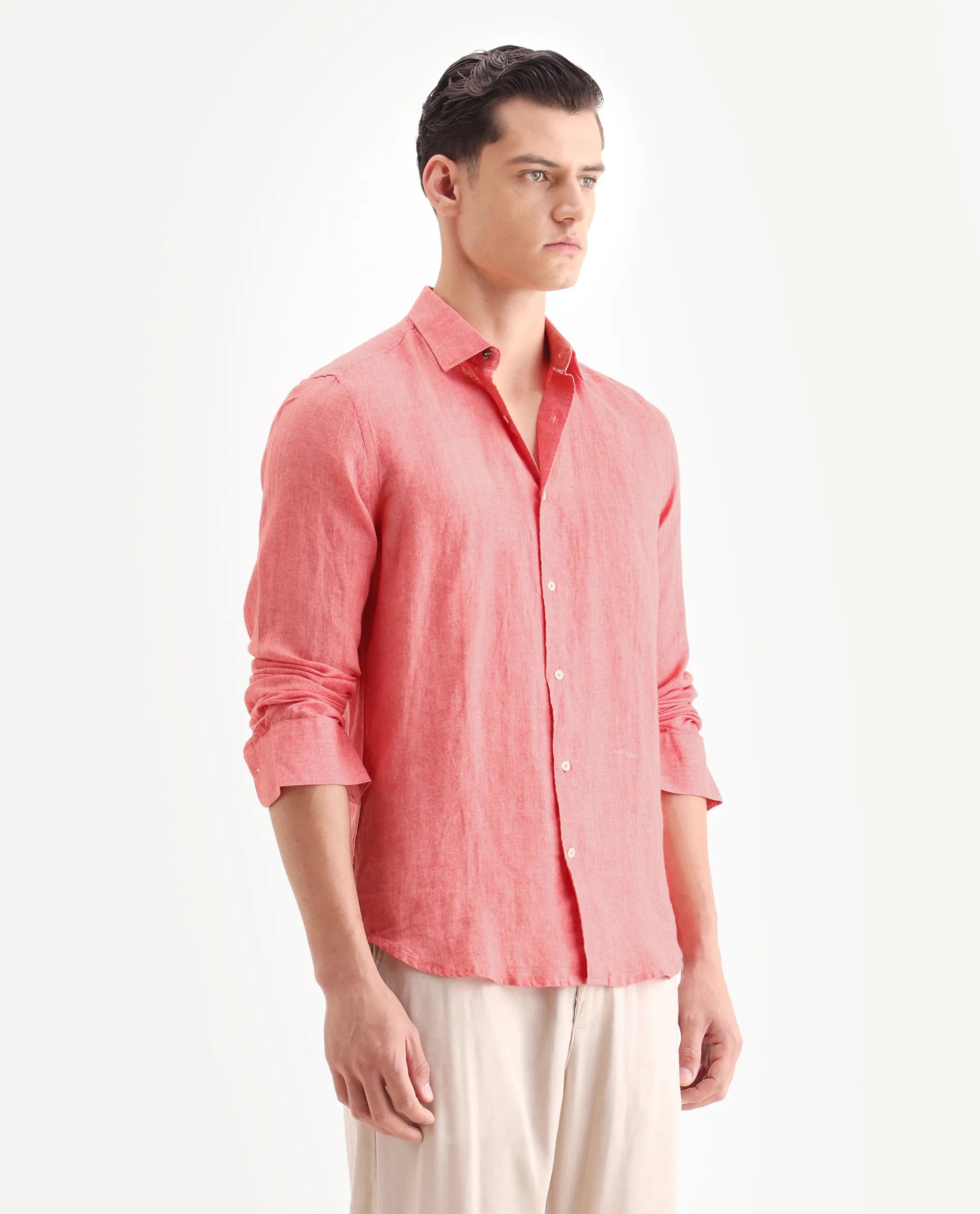 Rare Rabbit Men's Borium-2 Flouroscent Pink 100% Linen Plain Regular Fit Full Sleeve Collared Shirt