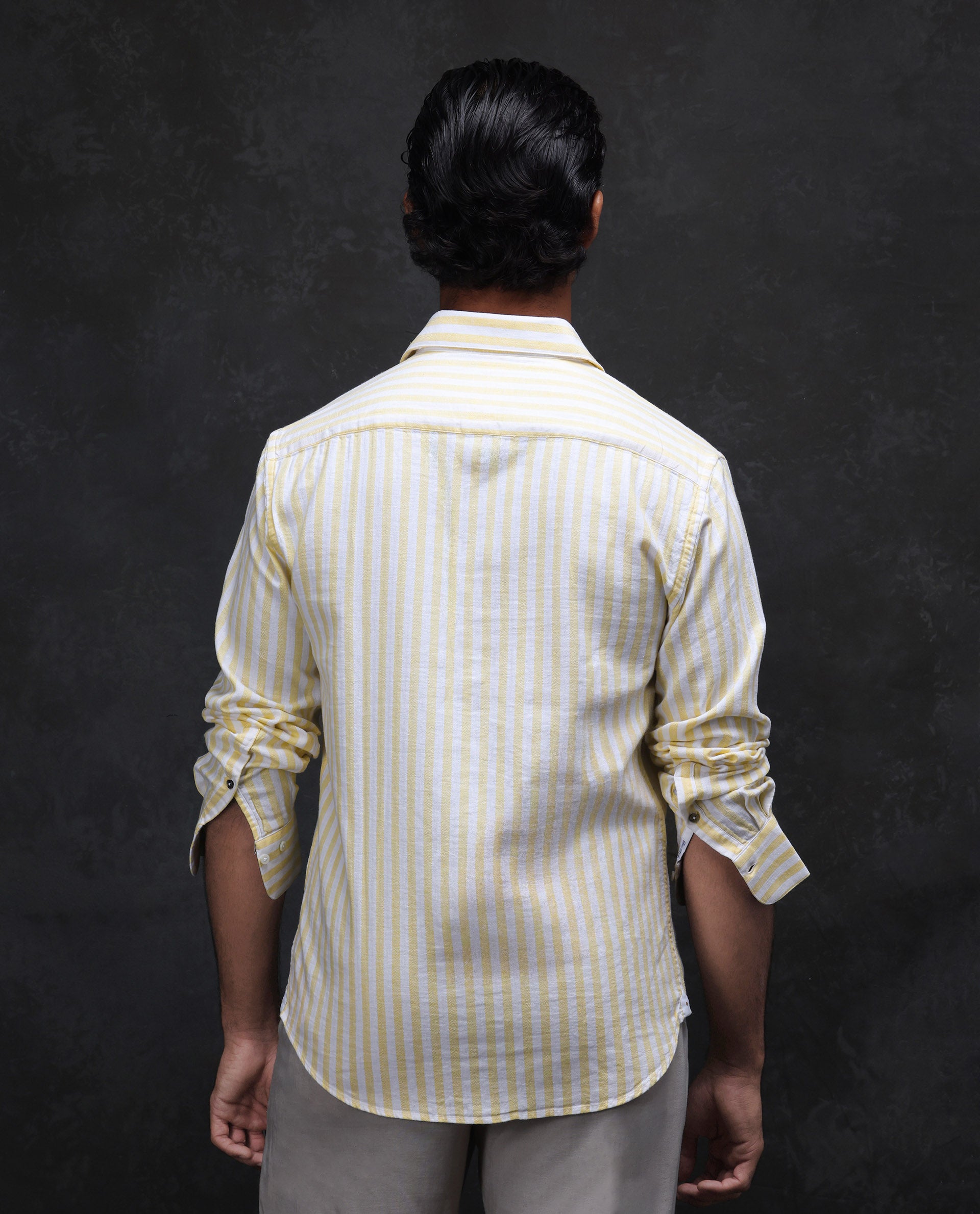 Rare Rabbit Men's Dopple Light Yellow Linen Blend Striped Print Regular Fit Full Sleeve Collared Shirt