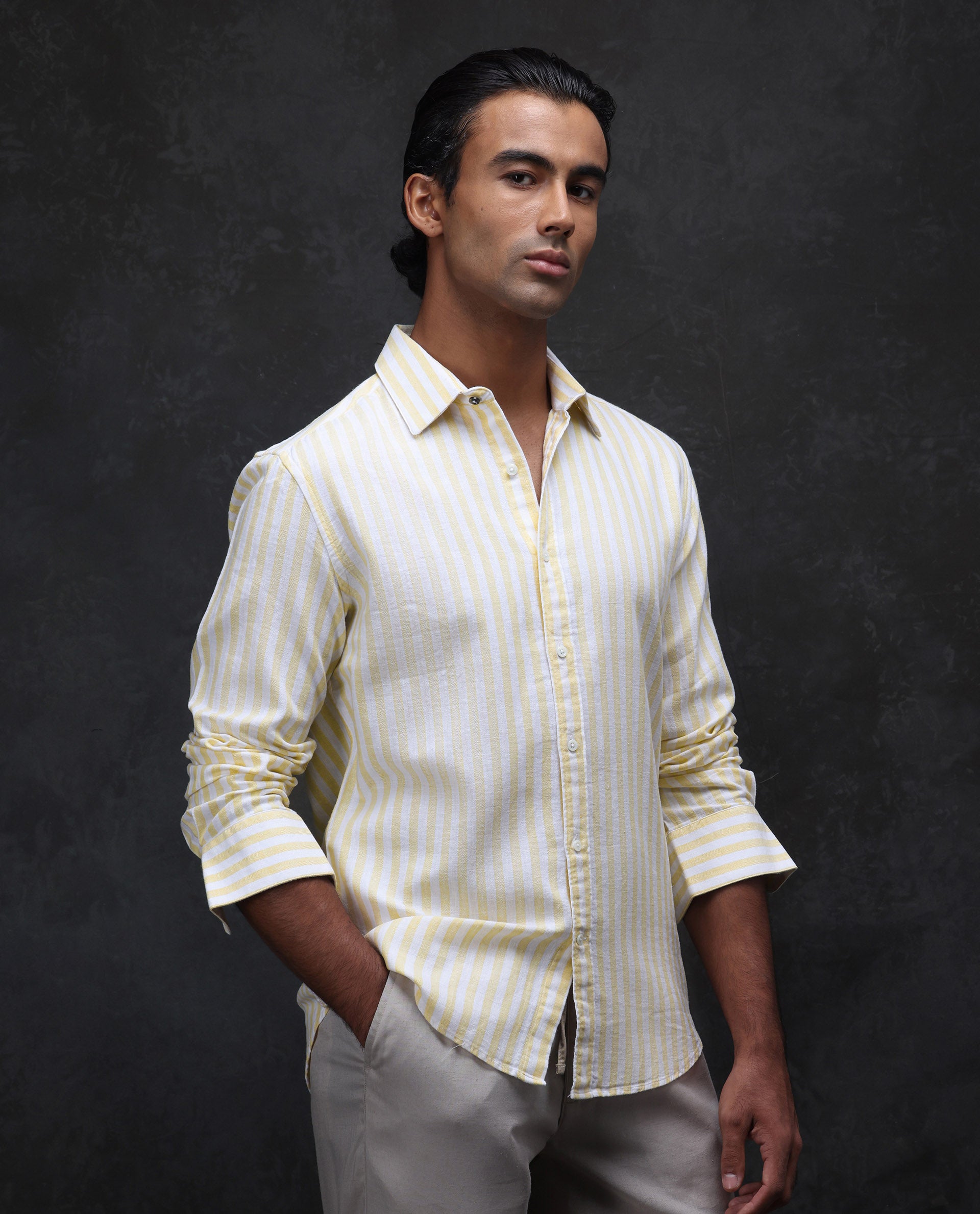 Rare Rabbit Men's Dopple Light Yellow Linen Blend Striped Print Regular Fit Full Sleeve Collared Shirt