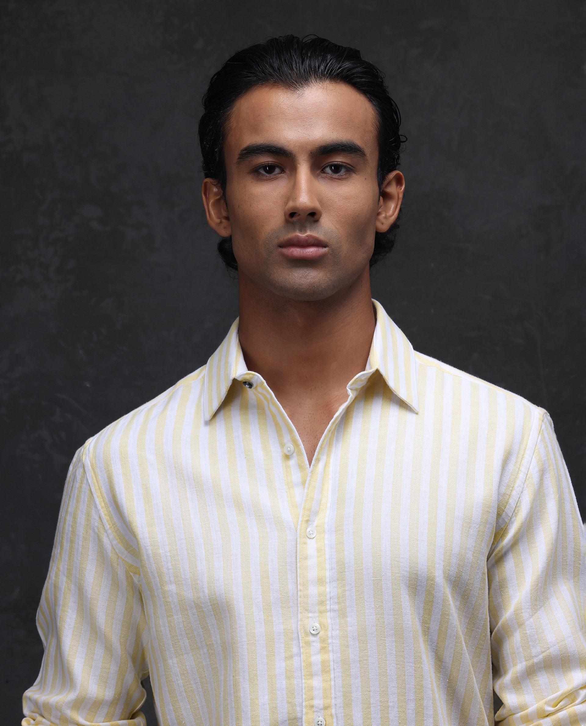 Rare Rabbit Men's Dopple Light Yellow Linen Blend Striped Print Regular Fit Full Sleeve Collared Shirt