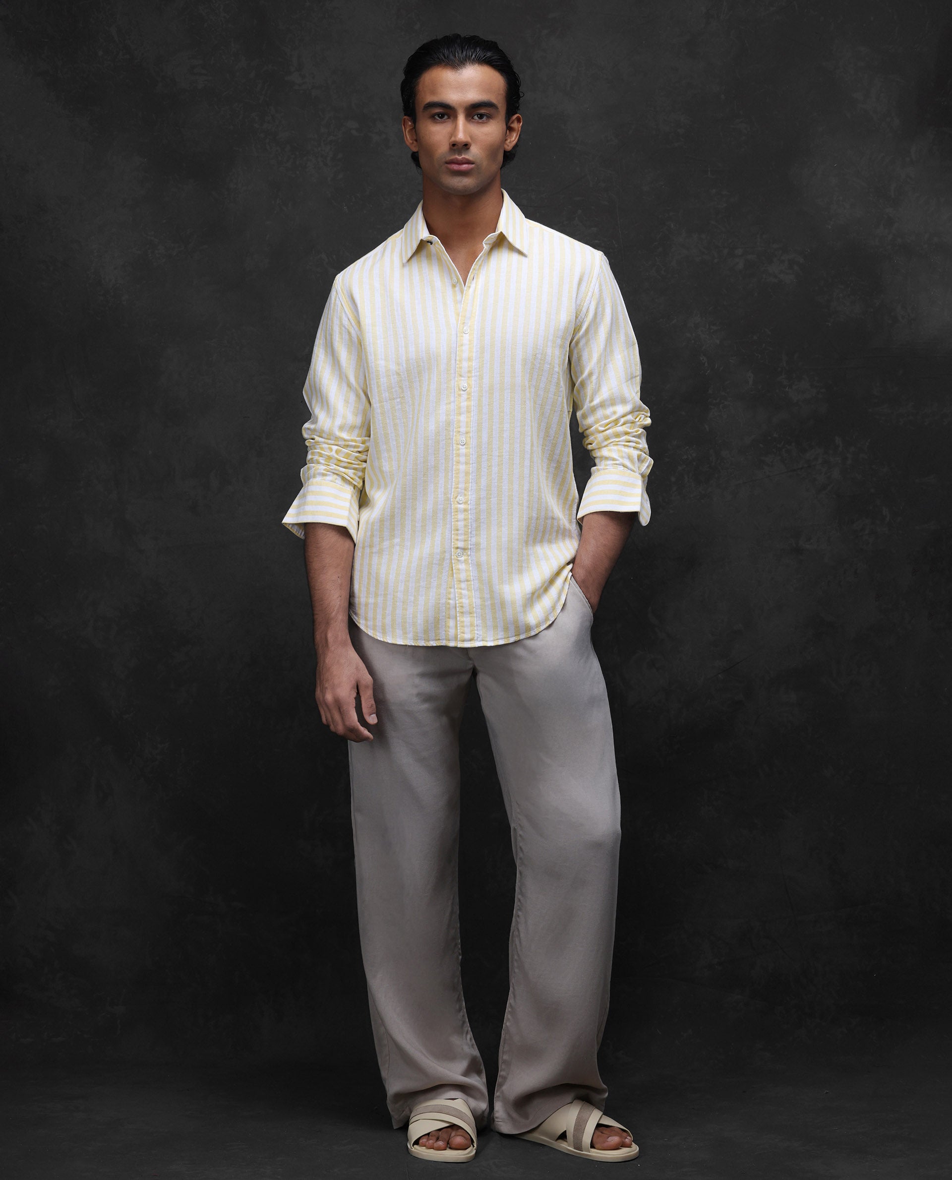 Rare Rabbit Men's Dopple Light Yellow Linen Blend Striped Print Regular Fit Full Sleeve Collared Shirt