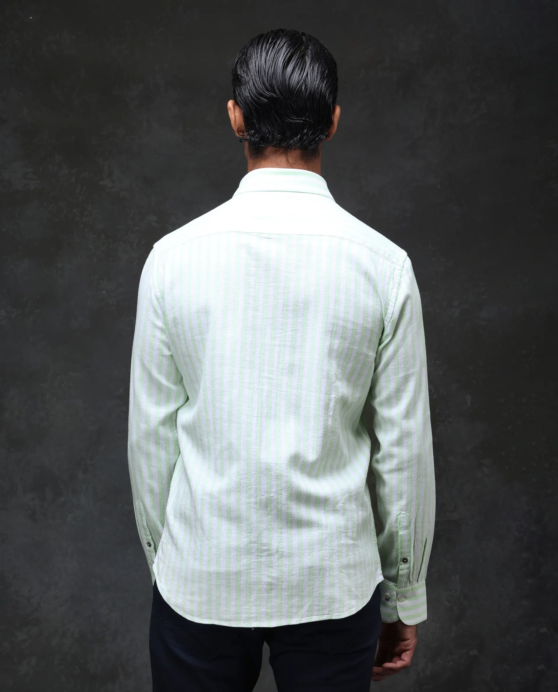 Rare Rabbit Men's Dopple Pastel Green Linen Blend Striped Print Regular Fit Full Sleeve Collared Shirt