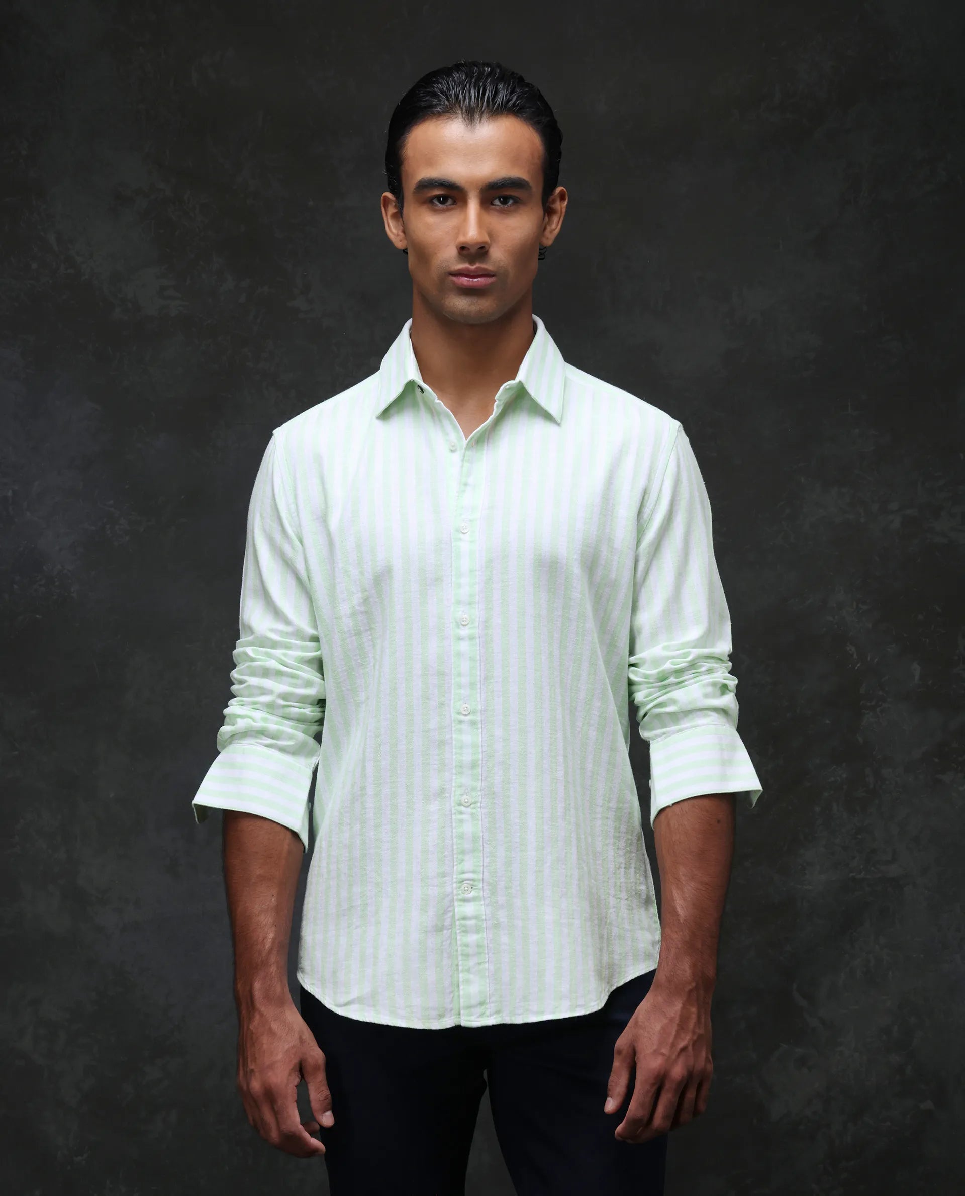 Rare Rabbit Men's Dopple Pastel Green Linen Blend Striped Print Regular Fit Full Sleeve Collared Shirt