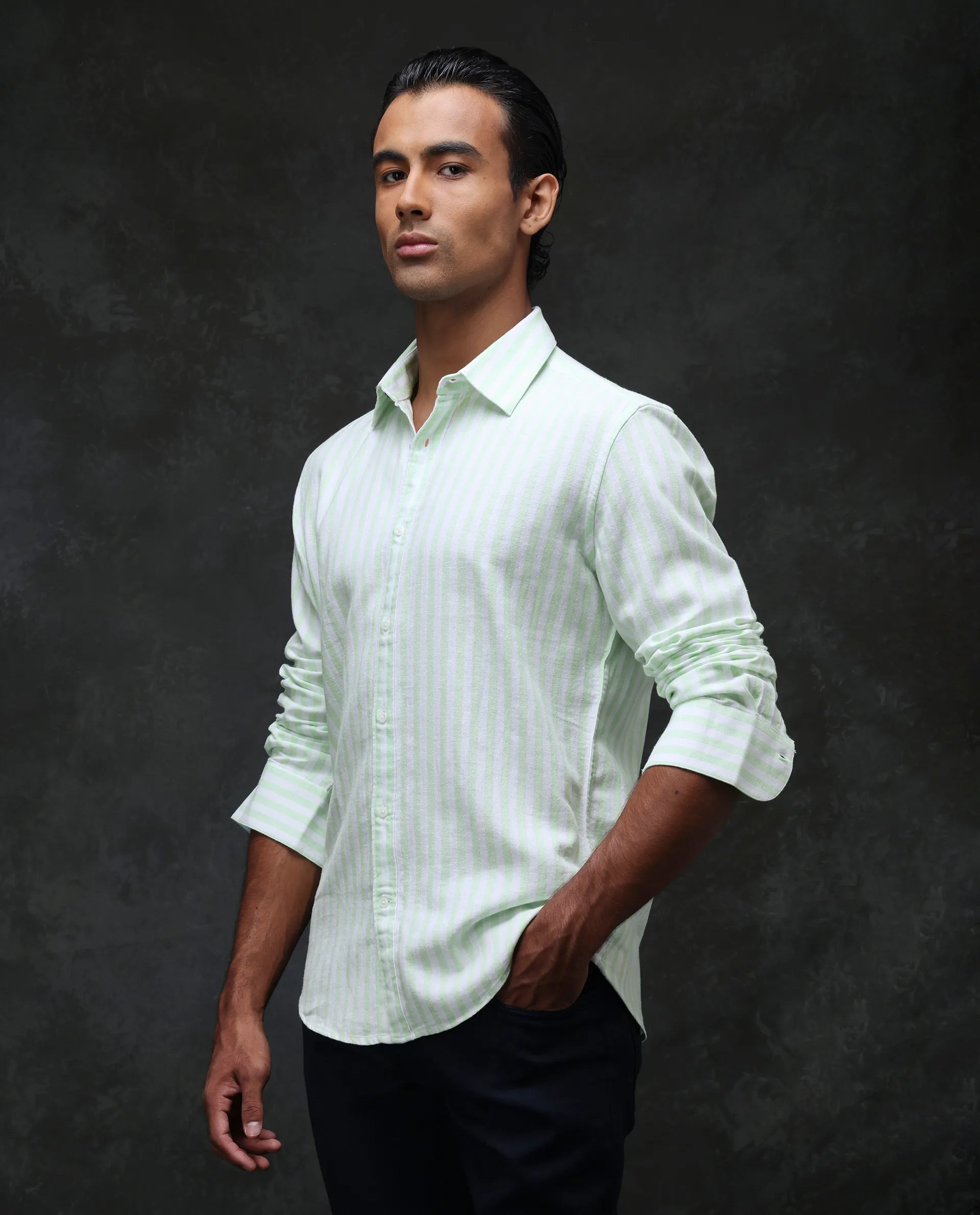 Rare Rabbit Men's Dopple Pastel Green Linen Blend Striped Print Regular Fit Full Sleeve Collared Shirt