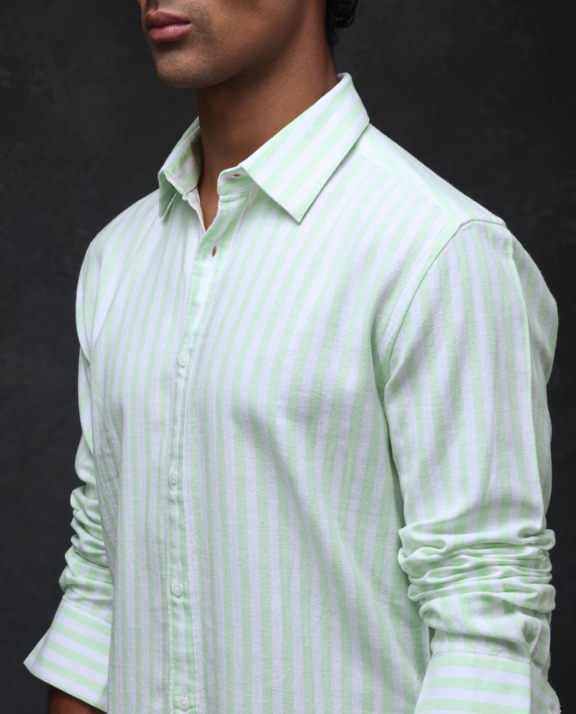 Rare Rabbit Men's Dopple Pastel Green Linen Blend Striped Print Regular Fit Full Sleeve Collared Shirt