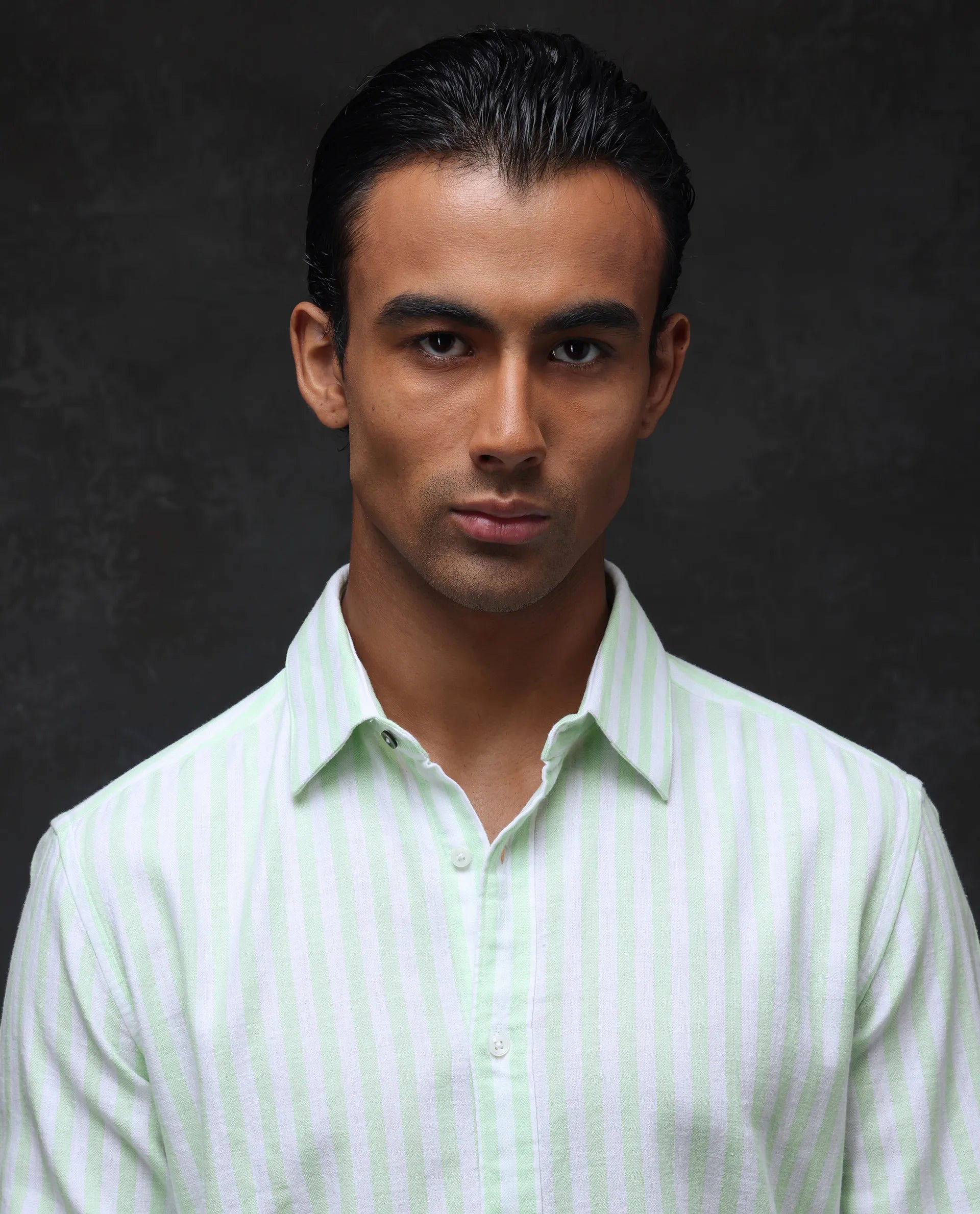 Rare Rabbit Men's Dopple Pastel Green Linen Blend Striped Print Regular Fit Full Sleeve Collared Shirt