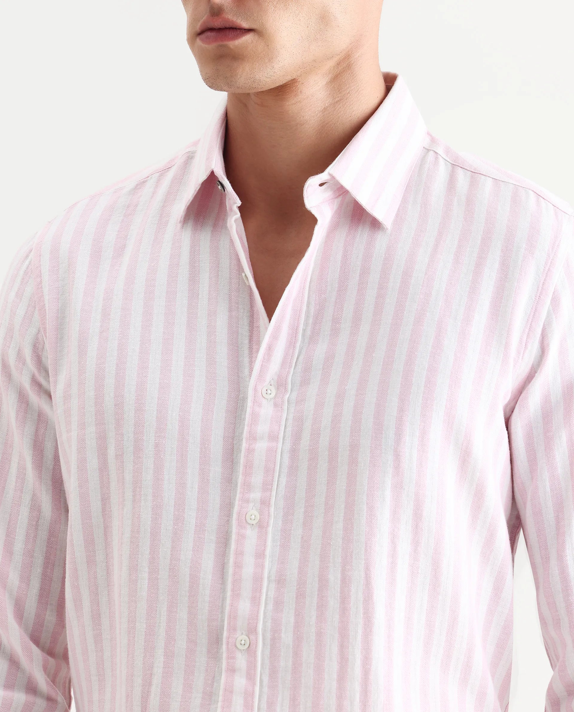 Rare Rabbit Men's Dopple Light Pink Linen Blend Striped Print Regular Fit Full Sleeve Collared Shirt