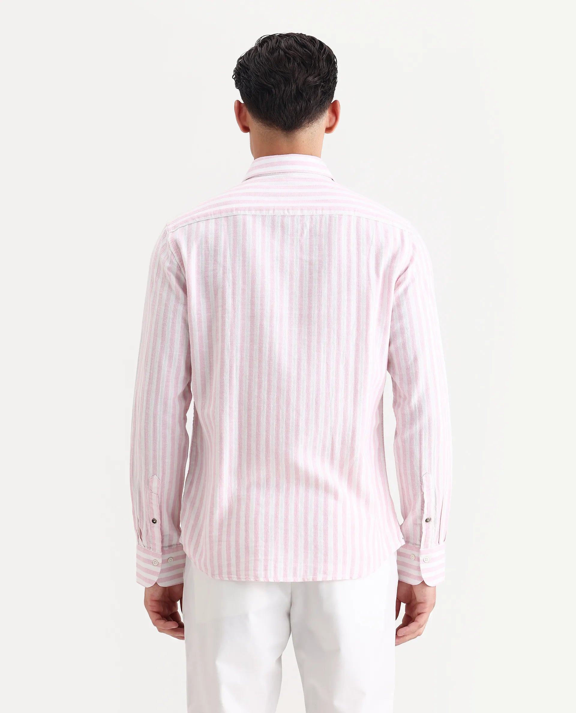 Rare Rabbit Men's Dopple Light Pink Linen Blend Striped Print Regular Fit Full Sleeve Collared Shirt