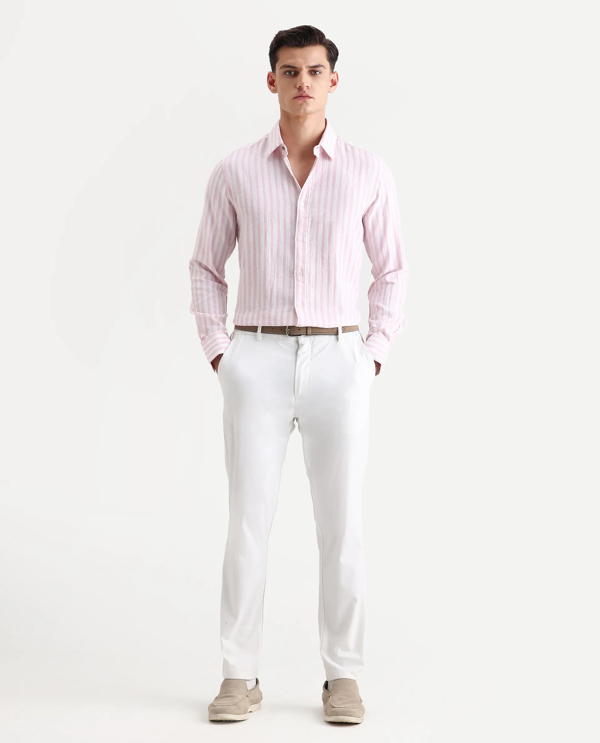 Rare Rabbit Men's Dopple Light Pink Linen Blend Striped Print Regular Fit Full Sleeve Collared Shirt