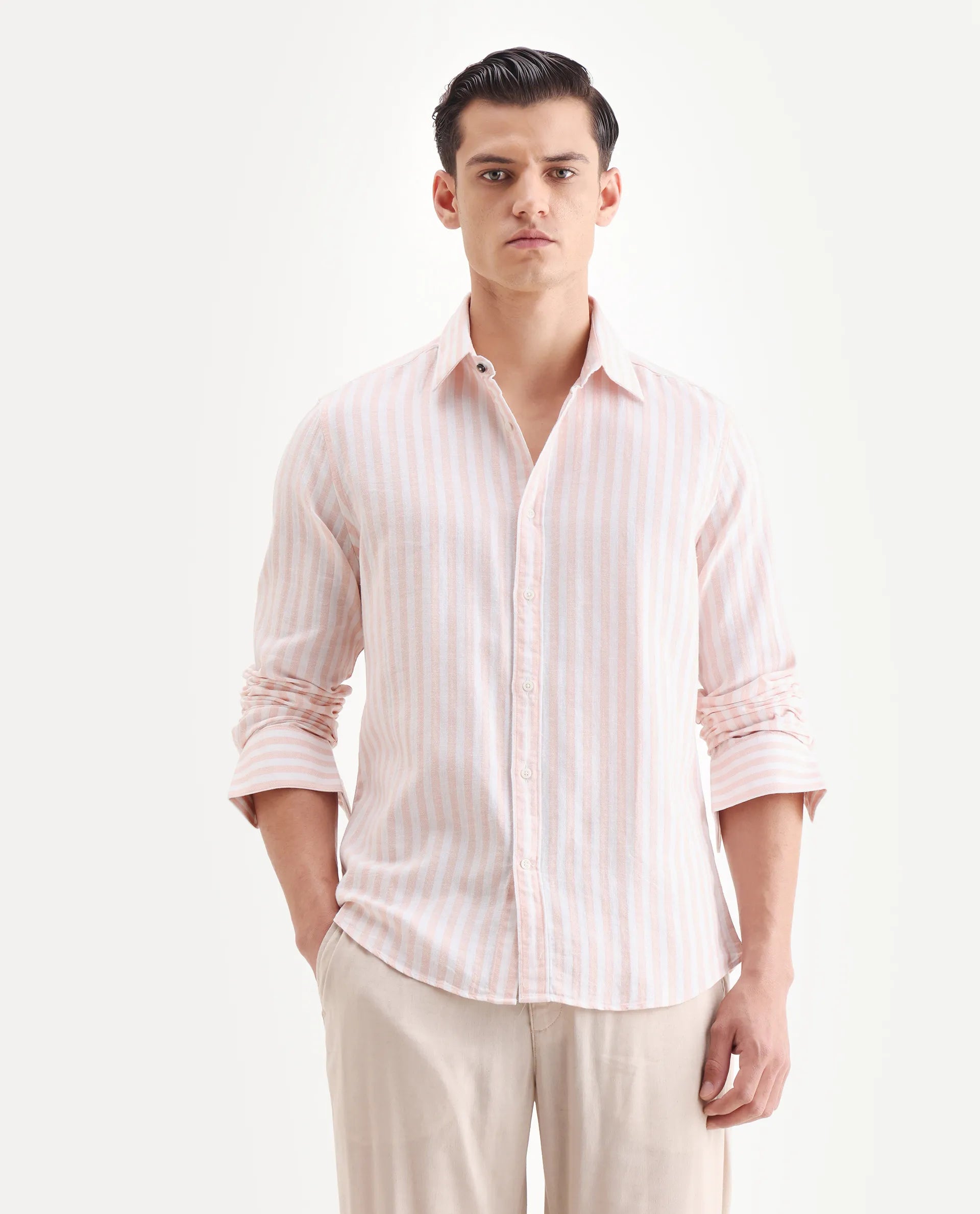 Rare Rabbit Men's Dopple Pastel Peach Linen Blend Striped Print Regular Fit Full Sleeve Collared Shirt