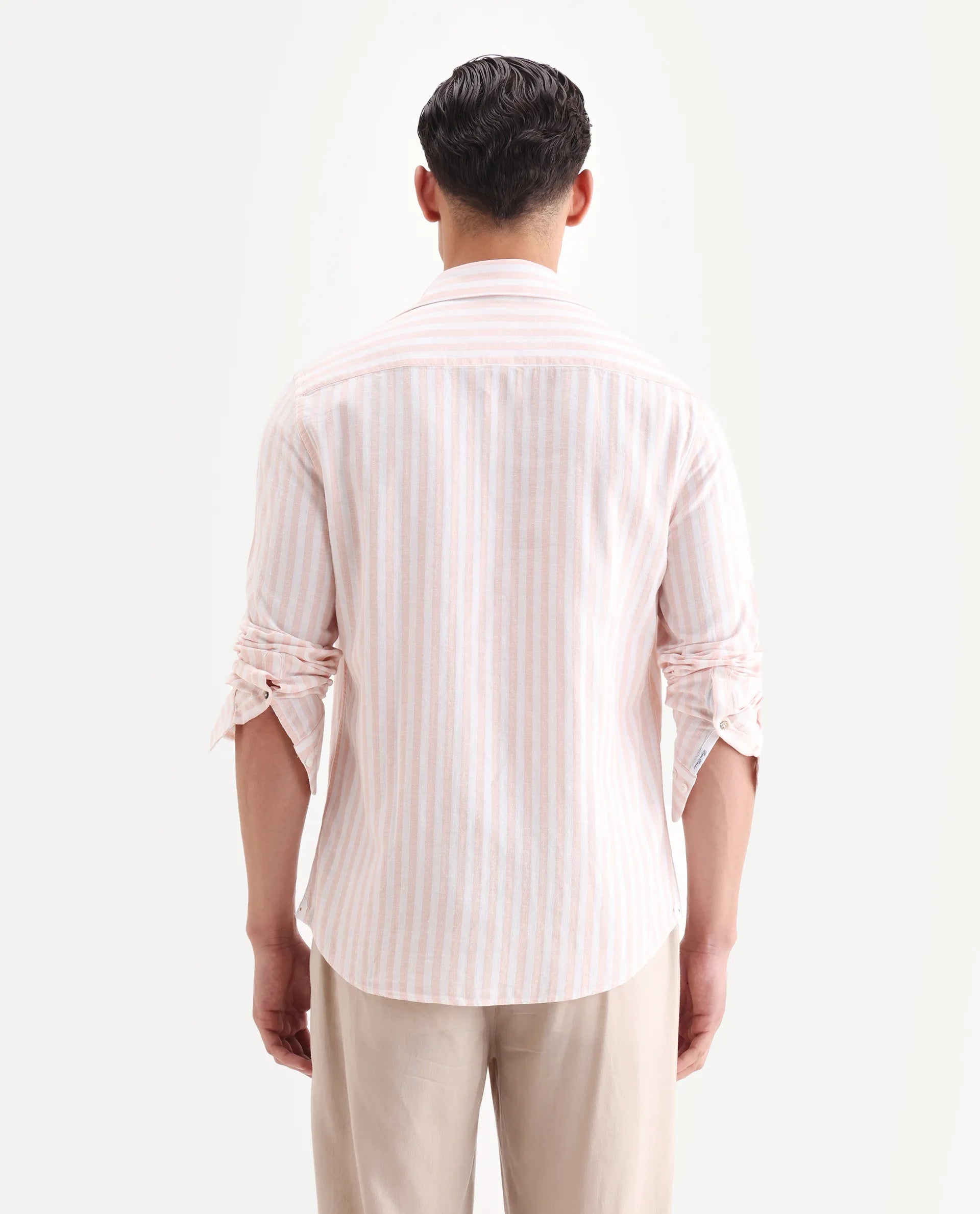 Rare Rabbit Men's Dopple Pastel Peach Linen Blend Striped Print Regular Fit Full Sleeve Collared Shirt
